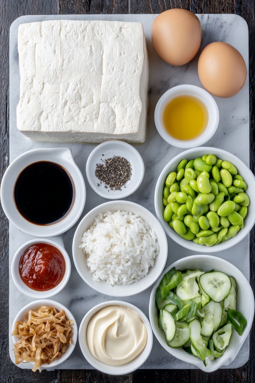 Flat lay of a whole block of extra firm tofu with natural texture, two uncracked brown eggs, a small pile of coarse salt crystals, a small pile of whole black peppercorns, a few fresh garlic cloves, a small white ceramic bowl with dark soy sauce, a small white ceramic bowl with golden maple syrup, a small white ceramic bowl with bright red sriracha, a small white ceramic bowl with smooth tomato paste, a small white ceramic bowl with creamy vegan mayo, a small white ceramic bowl with clear rice vinegar, a small white ceramic bowl with freshly grated pale yellow ginger, a mound of cooked white sushi rice, a handful of bright green shelled edamame, a thinly sliced English cucumber arranged neatly, diced ripe green avocado chunks, a small pile of crispy fried onions with golden brown color, fresh sprigs of vibrant green cilantro, and sliced green onions with white and green stalks, all arranged with perfect symmetry on a clean white marble surface, soft natural light, photo taken with an iPhone, professional food photography style, fresh ingredients, white ceramic bowls, no bottles, no duplicates, no utensils, no packaging --ar 2:3 --v 7 --p m7354615311229779997 - Sticky Glazed Tofu Bowl with Yum Yum Sauce, plant-based tofu bowl recipes, spicy sweet tofu dishes, vegan glaze tofu recipes, easy tofu dinner ideas