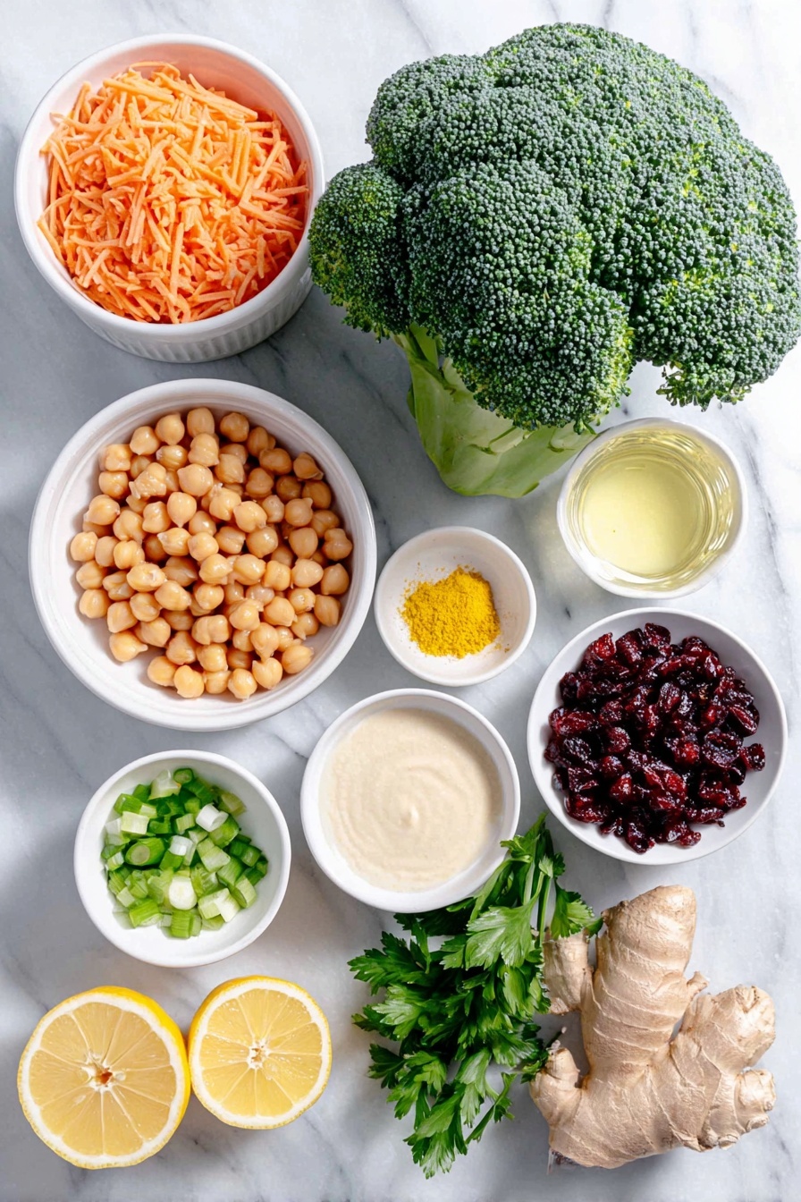 Flat lay of a fresh head of broccoli, a small mound of finely shredded bright orange carrots, a small white ceramic bowl of rinsed chickpeas, a small white bowl filled with toasted sliced almonds, a small white bowl containing dried cranberries, a bunch of green onions with white ceramic bowl underneath holding chopped green onions, a small bunch of fresh cilantro leaves, a small white bowl of creamy tahini, a small white bowl with fresh lemon wedges and lemon halves, a small white bowl with finely minced garlic, a small white bowl of golden yellow curry powder, a small white bowl with freshly grated ginger, a small white bowl of bright yellow ground turmeric, a small white bowl of pure maple syrup, a small white bowl of warm water for thinning, a small white bowl of coarse salt, a small white bowl of freshly cracked black pepper, all ingredients fresh and natural, perfectly arranged symmetrically on a clean white marble surface, soft natural light, photo taken with an iPhone, professional food photography style, fresh ingredients, white ceramic bowls, no bottles, no duplicates, no utensils, no packaging --ar 2:3 --v 7 --p m7354615311229779997 - Vegan Curried Broccoli Chickpea Salad, vegan salad recipe, healthy quick vegan lunch, plant-based chickpea salad, flavorful vegan broccoli salad
