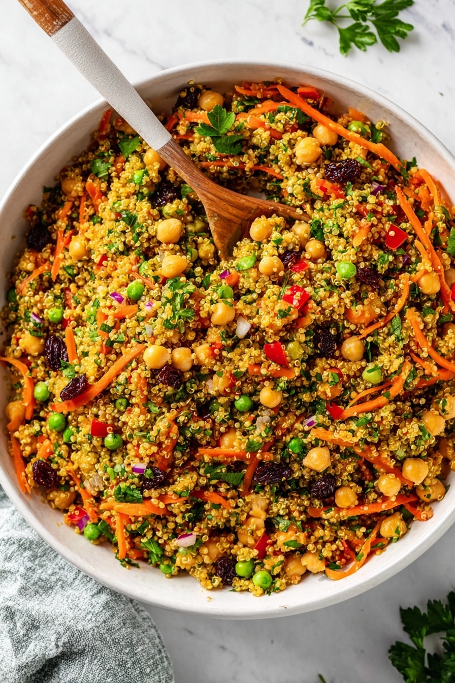 A large white bowl filled with a colorful quinoa salad that has multiple layers mixed together. The base layer consists of small, light yellow quinoa grains. Mixed in are bright orange thin carrot strips scattered throughout. There are also chunks of red bell pepper pieces adding a vivid color contrast. Light beige chickpeas are spread evenly around the salad, along with small green peas. Dark purple raisin pieces are scattered here and there, adding darker tones. Finely chopped green herbs and bits of red onion are mixed in, adding texture and freshness. A wooden spoon with a white handle rests inside the bowl. The bowl sits on a white marbled surface with some green parsley leaves nearby. photo taken with an iphone --ar 2:3 --v 7 - Vibrant Curry Chickpea Quinoa Salad, healthy chickpea quinoa salad, easy vegetarian salad, flavorful vegan quinoa salad, nutritious protein-packed salad