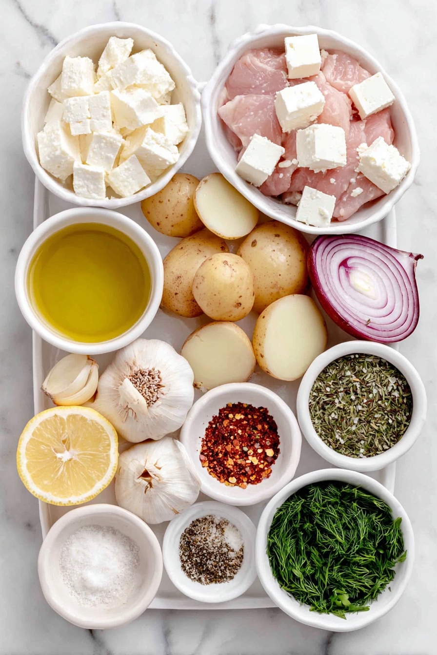 Flat lay of a small white ceramic bowl with extra virgin olive oil, a whole lemon with bright yellow zest, lemon juice in a small white bowl, six peeled garlic cloves, a small mound of dijon mustard, dried oregano in a neat pile, sweet paprika powder, kosher salt crystals, freshly ground black pepper, halved fingerling potatoes with smooth skin, thin lemon slices, large chunks of yellow onion, raw boneless skinless chicken thighs with fresh pink flesh, crumbled white feta cheese on a simple white ceramic plate, chopped fresh parsley sprigs, chopped fresh dill sprigs, and a small white bowl of red pepper flakes, all arranged in perfect symmetry on a clean white marble surface, soft natural light, photo taken with an iPhone, professional food photography style, fresh ingredients, white ceramic bowls, no bottles, no duplicates, no utensils, no packaging --ar 2:3 --v 7 --p m7354615311229779997 - Herby Lemon Garlic Chicken and Potatoes, Lemon Garlic Sheet Pan Meal, Easy Weeknight Chicken and Potatoes, Healthy One-Pan Chicken Dinner, Savory Chicken and Potatoes Baking