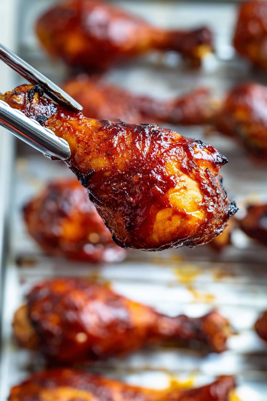The image shows a close-up of several cooked chicken drumsticks on a metal rack over a white marbled surface. The chicken drumsticks are covered in a shiny, dark reddish-brown sauce that looks sticky and well-cooked, with some areas appearing slightly charred and crispy. The drumsticks have a textured surface with visible spice rubs and grill marks, giving them a rich, appetizing look. The light highlights the glossy sauce, making the chicken look tender and juicy. The background is blurred but maintains the white marbled texture, keeping the focus on the chicken pieces. photo taken with an iphone --ar 2:3 --v 7 - Oven Baked BBQ Chicken Drumsticks, baked chicken drumsticks, BBQ chicken recipe, easy oven chicken, smoky chicken dinner