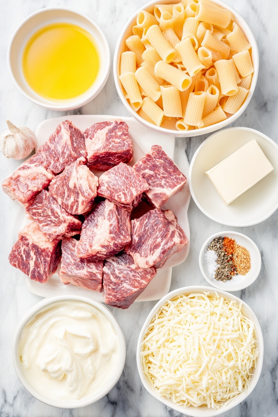 Flat lay of fresh sirloin steak cut into 1-inch cubes, dry Cajun seasoning sprinkled beside the steak, a small pile of uncooked rigatoni pasta, two whole uncracked brown garlic cloves, a small white bowl with golden olive oil, a small white bowl with creamy heavy whipping cream, a small white bowl filled with freshly grated Parmesan cheese, a small white bowl with shredded mozzarella cheese, a small white bowl containing a pat of unsalted butter, a small heap of coarse sea salt, and a few whole black peppercorns, all neatly arranged with perfect symmetry on a simple white ceramic surface, placed on a clean white marble surface, soft natural light, photo taken with an iPhone, professional food photography style, fresh ingredients, white ceramic bowls, no bottles, no duplicates, no utensils, no packaging --ar 2:3 --v 7 --p m7354615311229779997 - Cajun Steak Tips with Cheesy Rigatoni, Cajun steak tips, cheesy rigatoni, spicy pasta recipes, hearty pasta dinner
