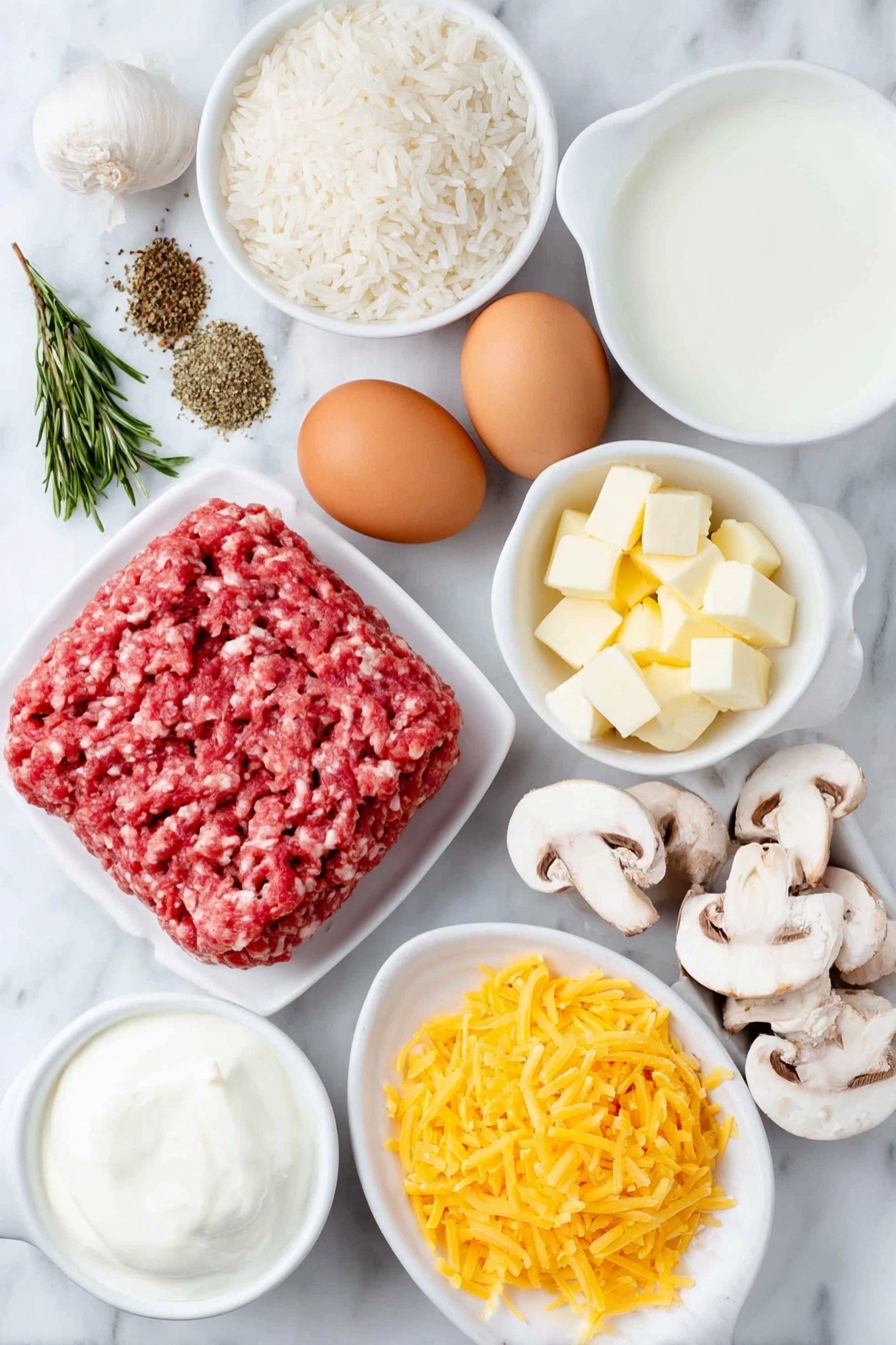Flat lay of fresh raw ground beef patty, a small pile of Italian seasoning herbs, two whole brown eggs with clean shells, a few cubes of creamy butter, a small mound of diced white onions, a small heap of minced garlic cloves, a simple white bowl filled with beef broth, a small pile of uncooked white long grain rice, fresh sliced white button mushrooms, a small white bowl of smooth cream of mushroom soup, a small white bowl of fresh milk, a small dollop of thick sour cream on a white plate, and shredded bright orange cheddar cheese scattered neatly, all ingredients arranged with perfect symmetry on simple white ceramic bowls and plates, placed on a clean white marble surface, soft natural light, photo taken with an iPhone, professional food photography style, fresh ingredients, white ceramic bowls, no bottles, no duplicates, no utensils, no packaging --ar 2:3 --v 7 --p m7354615311229779997 - Cheesy Ground Beef and Rice Casserole, ground beef casserole, easy rice casserole, cheesy dinner recipes, hearty beef and rice dish