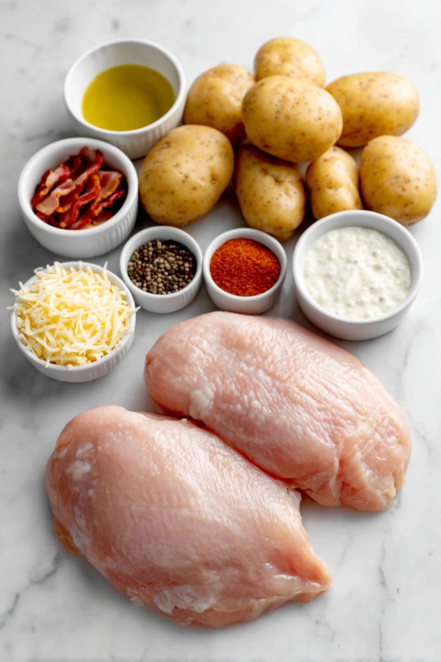 Flat lay of two whole uncut chicken breasts, four whole medium potatoes, six raw bacon strips, a small white bowl of olive oil, a small white bowl of dry ranch seasoning powder, a small white bowl of coarse salt, a small white bowl of black peppercorns, a small white bowl of paprika powder, a small white bowl of garlic powder, a small white bowl of shredded mozzarella cheese, a small white bowl of creamy ranch dressing, all arranged symmetrically on a clean white marble surface, soft natural light, photo taken with an iPhone, professional food photography style, fresh ingredients, white ceramic bowls, no bottles, no duplicates, no utensils, no packaging --ar 2:3 --v 7 --p m7354615311229779997 - Chicken Bacon Ranch Potato Skillet, Chicken Bacon Ranch skillet, easy chicken skillet recipes, cheesy potato skillet, one-pan dinner ideas