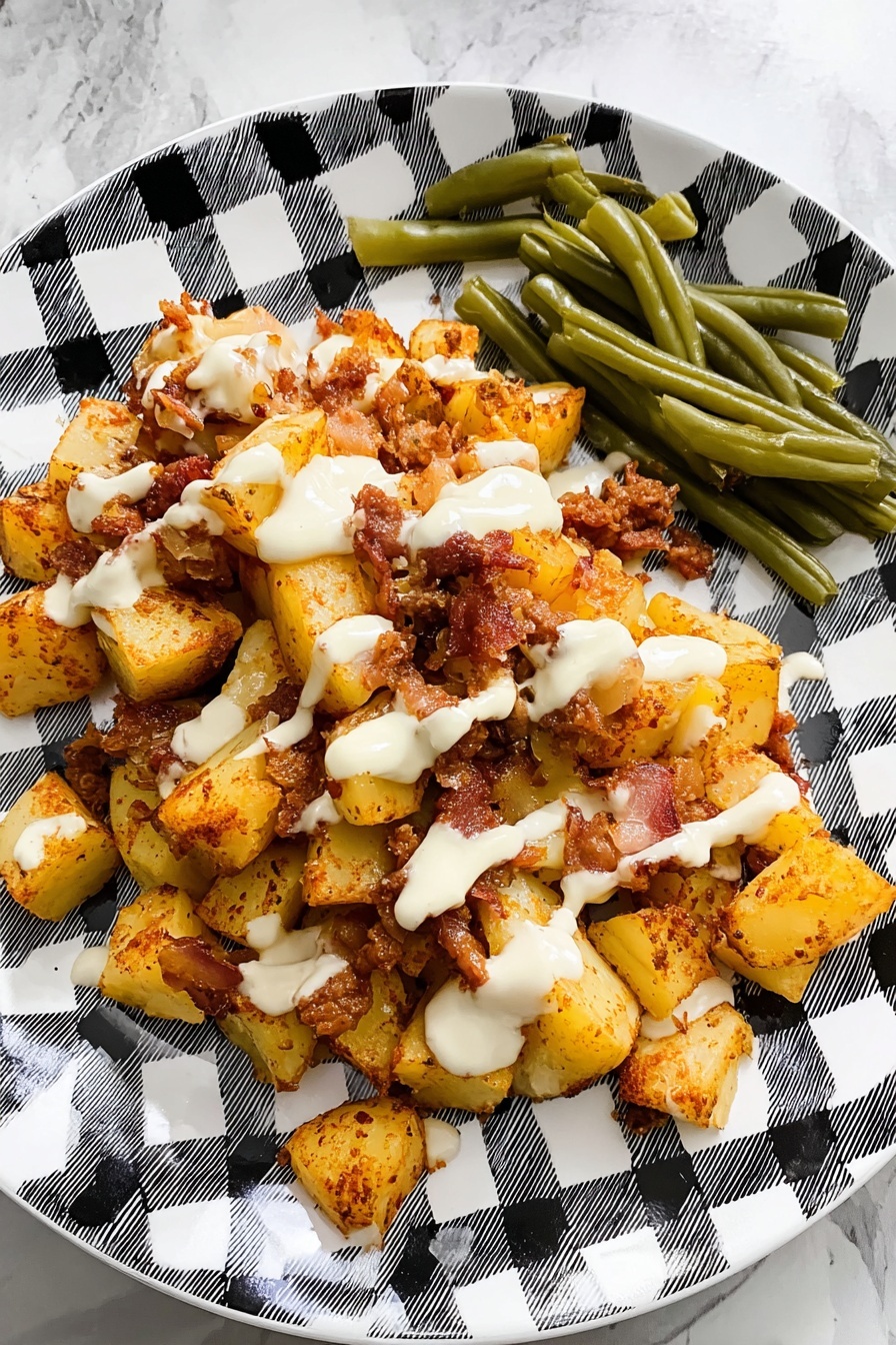 On a white plate with a black and white checkered pattern, there is a pile of diced cooked potatoes mixed with small pieces of browned meat and melted cheese. The potatoes and meat have a golden-brown and reddish color with a slightly crispy texture. White creamy sauce is drizzled over the top in uneven lines. To the side of this, there is a small pile of green beans, cut into short pieces, with a soft and smooth texture. The plate sits on a white marbled surface. photo taken with an iphone --ar 2:3 --v 7 - Chicken Bacon Ranch Potato Skillet, Chicken Bacon Ranch skillet, easy chicken skillet recipes, cheesy potato skillet, one-pan dinner ideas