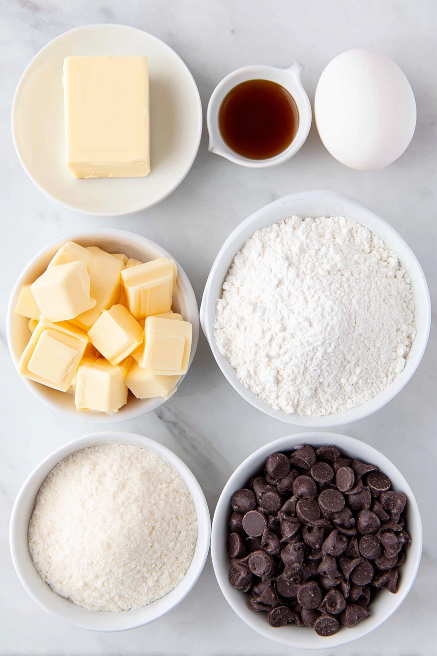 Flat lay of a small square of salted butter, a small mound of granulated sugar, a whole egg white with a clean shell, a small white bowl of vanilla extract, a simple white bowl filled with all-purpose flour, a white bowl containing baking powder, a neat pile of unwrapped golden caramel squares, a small white bowl holding milk, and a simple white bowl filled with glossy milk chocolate chips, all arranged symmetrically on a clean white marble surface, soft natural light, photo taken with an iPhone, professional food photography style, fresh ingredients, white ceramic bowls, no bottles, no duplicates, no utensils, no packaging --ar 2:3 --v 7 --p m7354615311229779997 - Twix Cookie Cups, Twix Cookie Cups recipe, easy Twix cookie cups, chocolate caramel cookie cups, party dessert Twix cookie cups