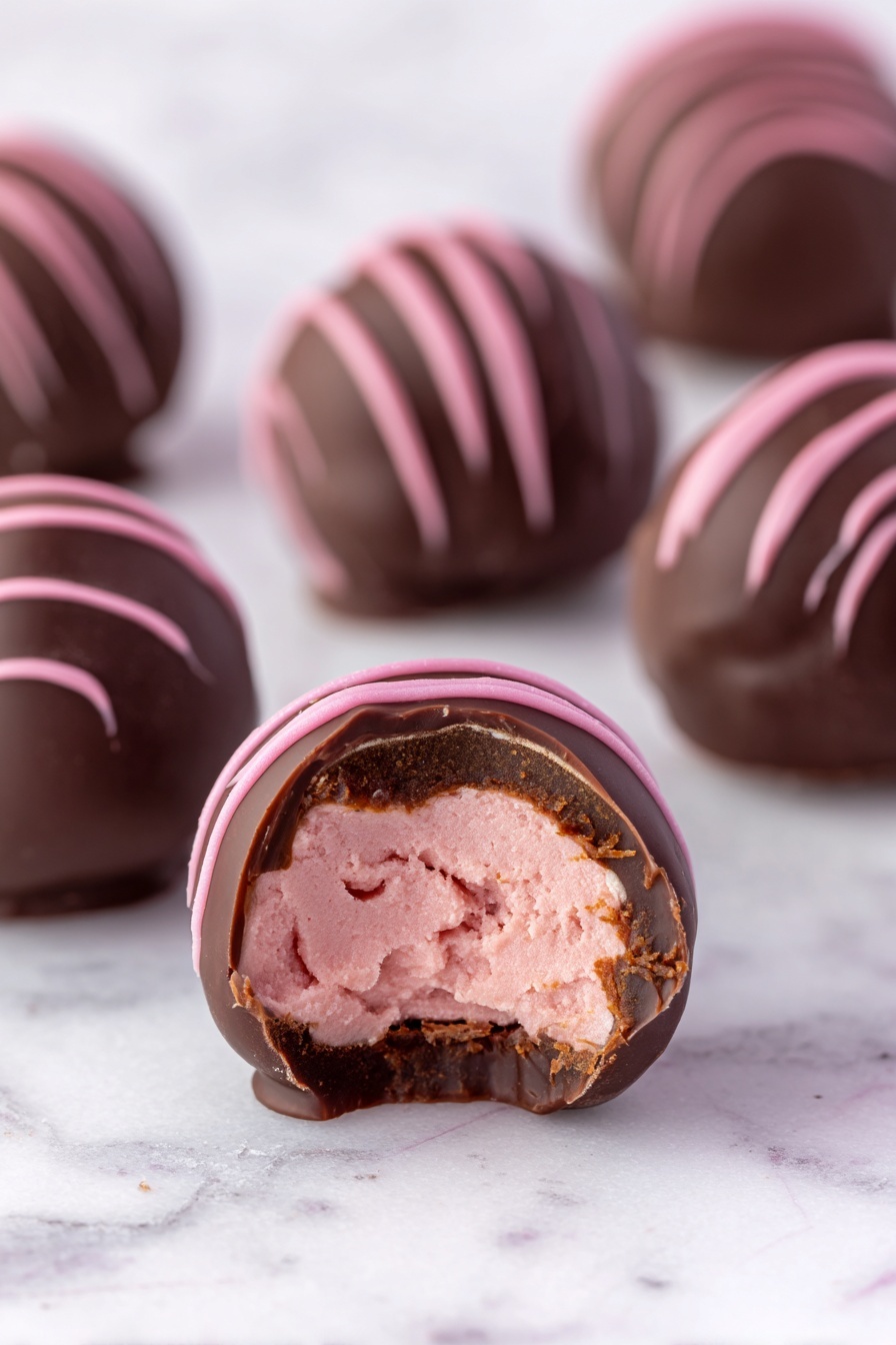 The image shows several round chocolate truffles on a white marbled surface. One truffle in the front is bitten, revealing two layers inside: a light pink creamy center with a soft texture and a thin outer layer of dark chocolate. The truffles are covered in dark chocolate with smooth pink drizzle lines on top, giving a nice contrast. The colors are mainly dark brown and pink, with the truffles arranged in a scattered pattern. Photo taken with an iphone --ar 2:3 --v 7 - Chocolate Raspberry Truffles, chocolate raspberry dessert, homemade truffles, white chocolate raspberry confections, easy truffle recipes