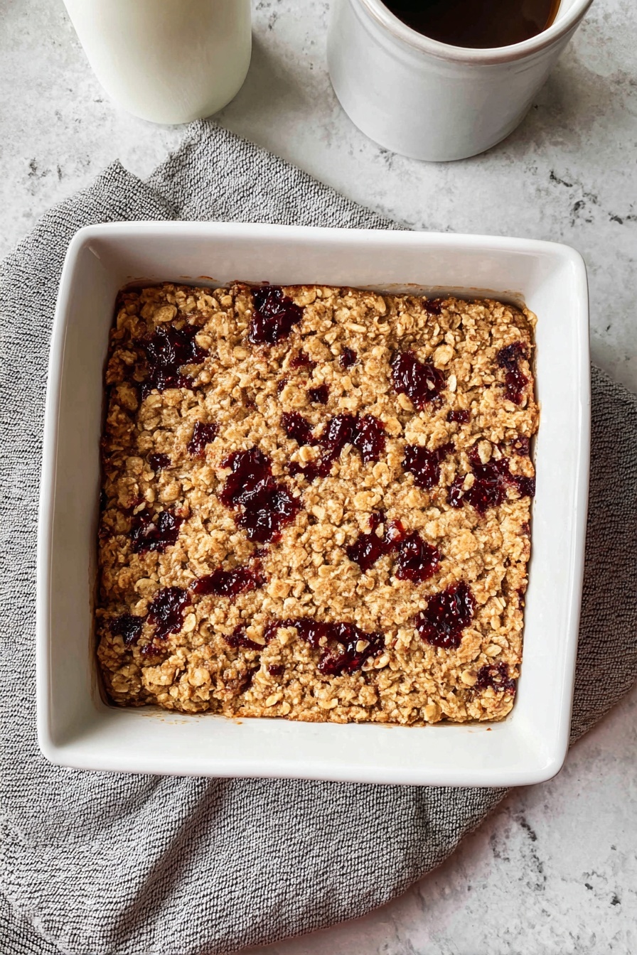 A square white baking dish holds a single-layer oat bar with a light golden brown color and dark red jam spots scattered evenly across the surface, giving a slightly rough and crumbly texture. The dish rests on a gray cloth that is placed on a white marbled textured surface. A white jar is partially visible in the top left corner of the image. photo taken with an iphone --ar 2:3 --v 7 - Peanut Butter and Jelly Baked Oatmeal, healthy baked oatmeal with peanut butter and jelly, easy breakfast recipes, cozy breakfast ideas, nutritious morning meals