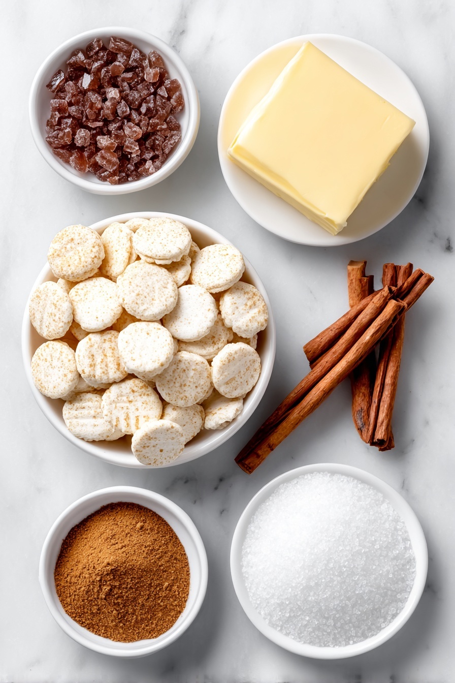 Flat lay of fresh oyster crackers scattered loosely, a small pile of dark brown sugar crystals in a white ceramic bowl, a cube of unsalted butter with a creamy yellow tone on a white dish, two cinnamon sticks crossed alongside a small white bowl filled with ground cinnamon powder, a small white bowl of granulated sugar sparkling under natural light, a few whole vanilla beans arranged neatly, and a small white bowl containing coarse kosher salt crystals, all placed on a clean white marble surface, soft natural light, photo taken with an iPhone, professional food photography style, fresh ingredients, white ceramic bowls, no bottles, no duplicates, no utensils, no packaging --ar 2:3 --v 7 --p m7354615311229779997 - Oyster Cracker Toffee Snack Mix, sweet and spicy snack mix, easy to make party snack, crunchy toffee treat, homemade snack mix recipe