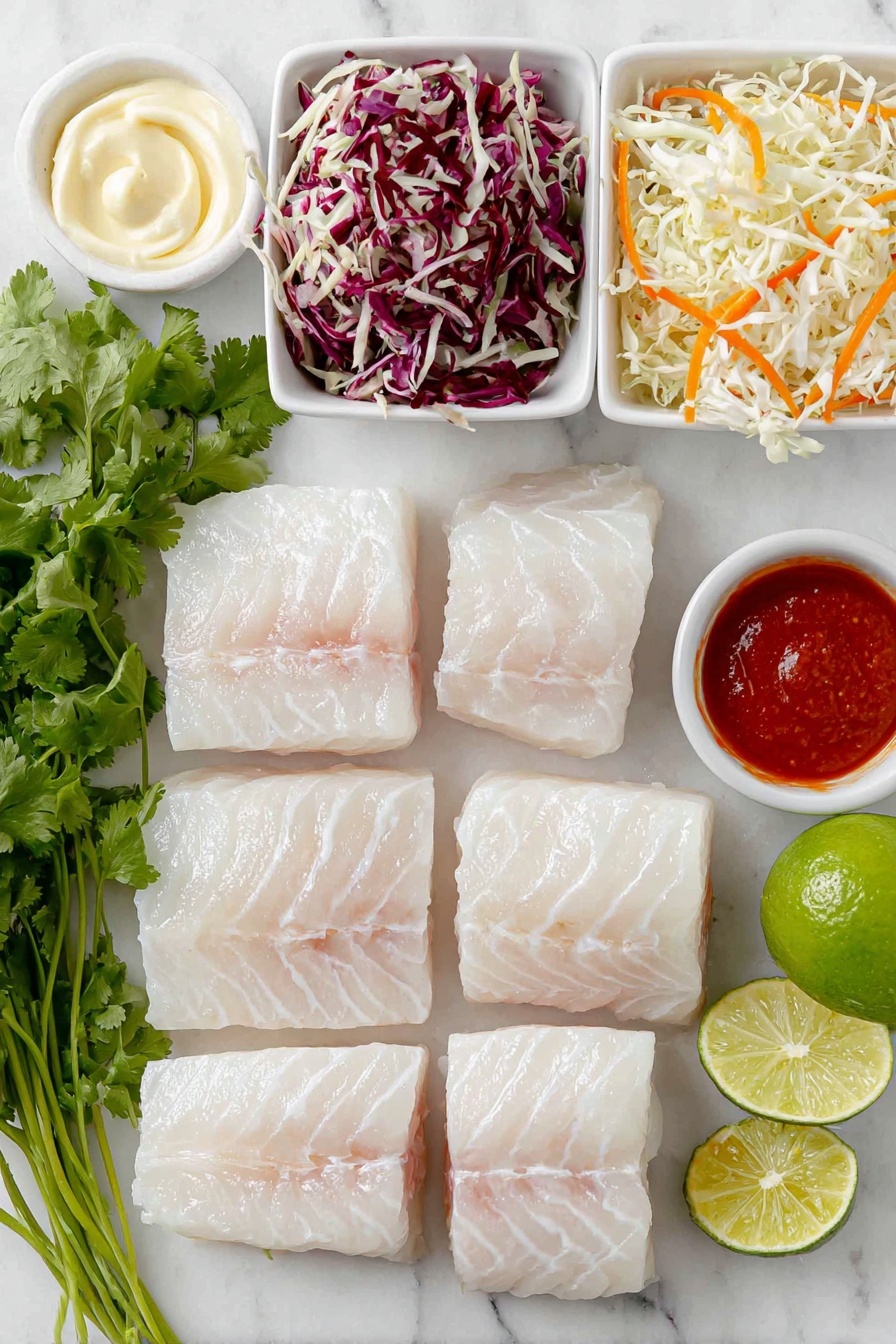 Flat lay of fresh raw cod fish fillets cut into 1-inch pieces arranged neatly, a few lime wedges and one halved lime showing bright green flesh, a small white ceramic bowl of creamy mayonnaise next to a small white bowl of vivid red sriracha sauce, a crisp colorful slaw mix of shredded red cabbage, white cabbage, and orange carrots, a few sprigs of fresh green cilantro, a small white bowl containing vibrant golden olive oil, all placed on a clean white marble surface, soft natural light, photo taken with an iPhone, professional food photography style, fresh ingredients, white ceramic bowls, no bottles, no duplicates, no utensils, no packaging --ar 2:3 --v 7 --p m7354615311229779997 - Fish Taco Bowl with Spicy Mayo, Fish Taco Bowl, Spicy Mayo Fish Bowl, Easy Fish Taco Bowl, Healthy Fish Taco Bowl