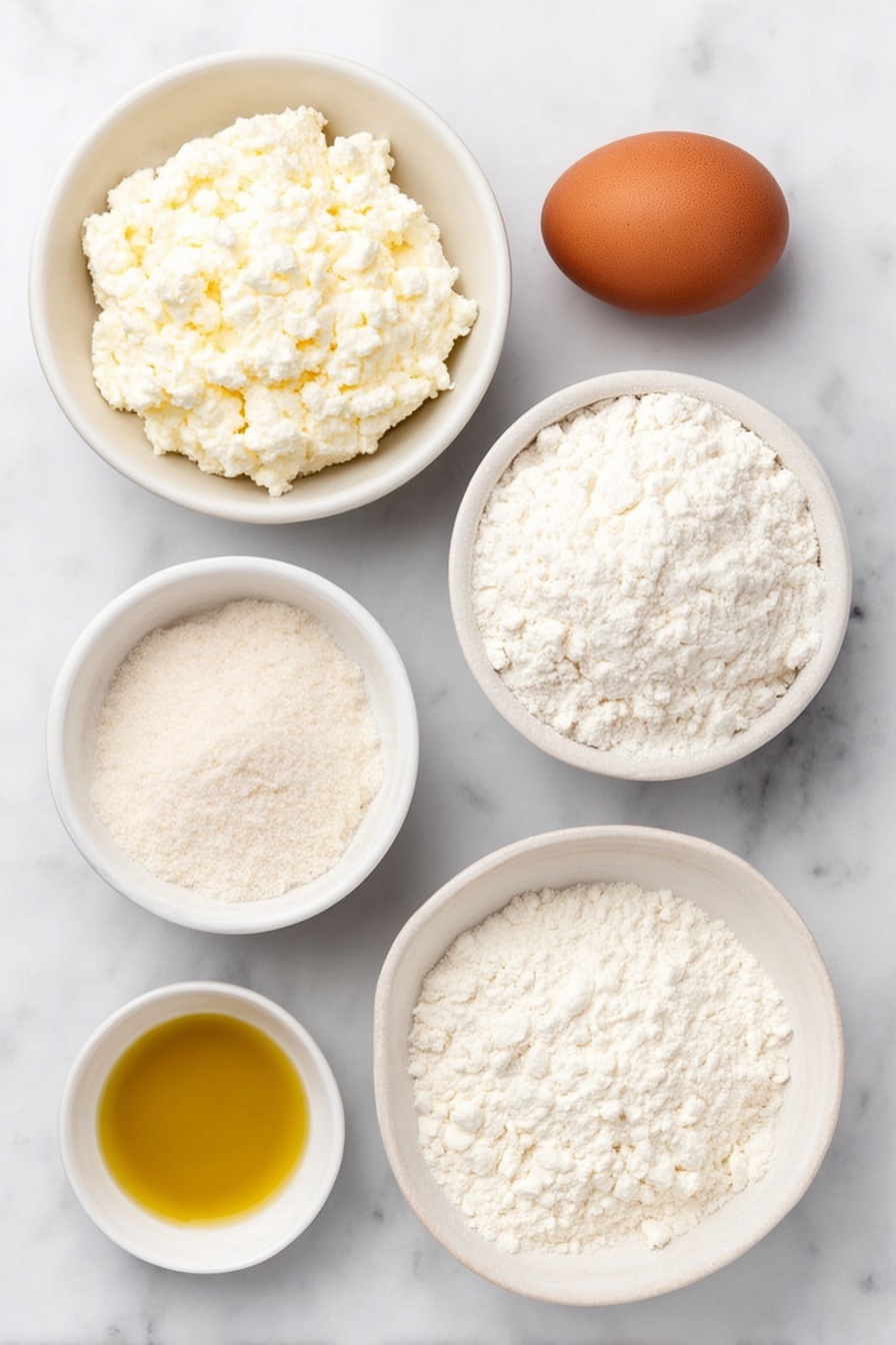 Flat lay of a small mound of fresh white cottage cheese, a simple white ceramic bowl filled with all-purpose flour, a clean white ceramic bowl holding fine baking powder, an uncracked brown egg with a smooth shell, a small white bowl with golden olive oil, and a pinch of coarse sea salt scattered neatly near the bowls, all ingredients arranged in perfect symmetry on a clean white ceramic plate beside the bowls, placed on a clean white marble surface, soft natural light, photo taken with an iPhone, professional food photography style, fresh ingredients, white ceramic bowls, no bottles, no duplicates, no utensils, no packaging --ar 2:3 --v 7 --p m7354615311229779997 - Cottage Cheese Flatbread, easy flatbread recipes, quick homemade flatbread, healthy flatbread ideas, soft flatbread with cottage cheese