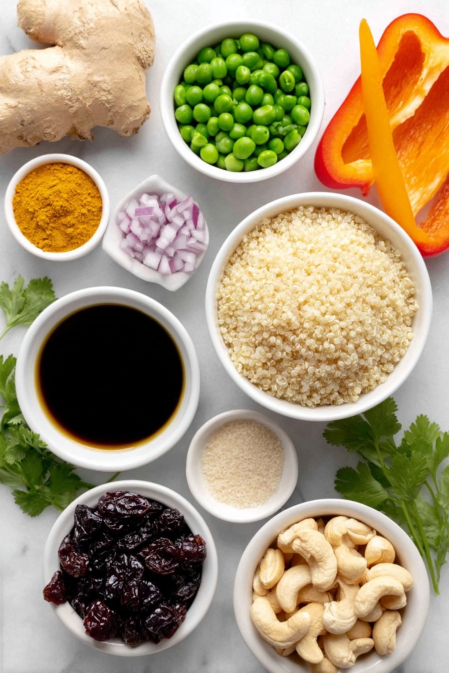 Flat lay of a small mound of fluffy cooked quinoa, a small white bowl of bright green thawed peas, a small white bowl of smooth golden sesame oil, a fresh piece of ginger root with a knobby texture, a heap of bright yellow curry powder, a pinch of vibrant turmeric powder, a small pile of beige garlic powder, a sprinkle of coarse sea salt crystals, freshly ground black peppercorns scattered lightly, a whole shiny red bell pepper, thin orange carrot sticks, a small white bowl of deep red dried cherries, small diced pieces of crisp red onion, finely chopped fresh cilantro leaves, finely chopped flat leaf parsley, a small white bowl filled with raw creamy beige cashews, a small white bowl of golden maple syrup, a pinch of bright red cayenne powder, coarse sea salt crystals sprinkled separately — all arranged symmetrically on a simple white ceramic plate and bowls placed on a clean white marble surface, soft natural light, photo taken with an iPhone, professional food photography style, fresh ingredients, white ceramic bowls, no bottles, no duplicates, no utensils, no packaging --ar 2:3 --v 7 --p m7354615311229779997 - Vibrant Curry Chickpea Quinoa Salad, healthy chickpea quinoa salad, easy vegetarian salad, flavorful vegan quinoa salad, nutritious protein-packed salad