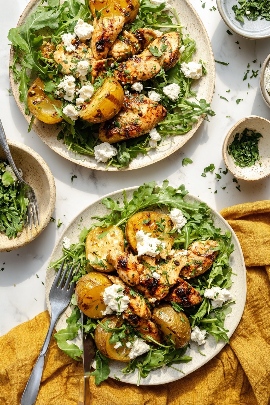 Two white plates sit on a white marbled surface with a soft golden cloth underneath. Each plate holds a bed of fresh green arugula leaves forming the base layer. On top are several pieces of golden-brown cooked chicken, showing light grill marks and a slightly shiny glaze. Mixed among the chicken are caramelized yellow onion slices and halved fingerling potatoes with a crisped, browned surface. Small dollops of white, crumbly cheese are scattered on top, along with fresh green herbs finely chopped and sprinkled for garnish. To the left of the lower plate are a knife and fork resting on the golden cloth, and small bowls with herbs and more cheese sit nearby. The lighting is bright and natural, capturing the textures clearly. photo taken with an iphone --ar 2:3 --v 7 - Herby Lemon Garlic Chicken and Potatoes, Lemon Garlic Sheet Pan Meal, Easy Weeknight Chicken and Potatoes, Healthy One-Pan Chicken Dinner, Savory Chicken and Potatoes Baking