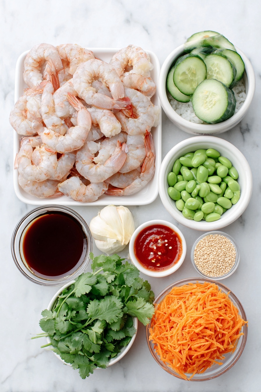 Flat lay of fresh raw shrimp with a light pink hue, a small pile of fluffy white cooked rice, a halved English cucumber with bright green seeds, a cup of vibrant green shelled edamame, thinly sliced orange shredded carrot, a whole glossy green jalapeño pepper, a small bunch of fresh cilantro leaves, a quarter cup of sliced green onion rings, a peeled whole garlic clove, a small pile of freshly grated pale yellow ginger, a small white ceramic bowl of dark reddish-brown low-sodium soy sauce, a small white ceramic bowl of bright red sweet chili sauce, a small white ceramic bowl of vibrant red Sriracha sauce, a small white ceramic bowl with golden light sesame oil, a small white ceramic bowl containing creamy pale mayo, a small white ceramic bowl filled with toasted light brown sesame seeds, and a sprinkle of crushed red pepper flakes -- all arranged with perfect symmetry and balanced proportions on a clean white marble surface, soft natural light, photo taken with an iPhone, professional food photography style, fresh ingredients, white ceramic bowls, no bottles, no duplicates, no utensils, no packaging --ar 2:3 --v 7 --p m7354615311229779997 - Spicy Shrimp Rice Bowl with Sriracha, Shrimp rice bowl recipe, quick shrimp dinner, spicy seafood rice bowl, easy Sriracha shrimp dish