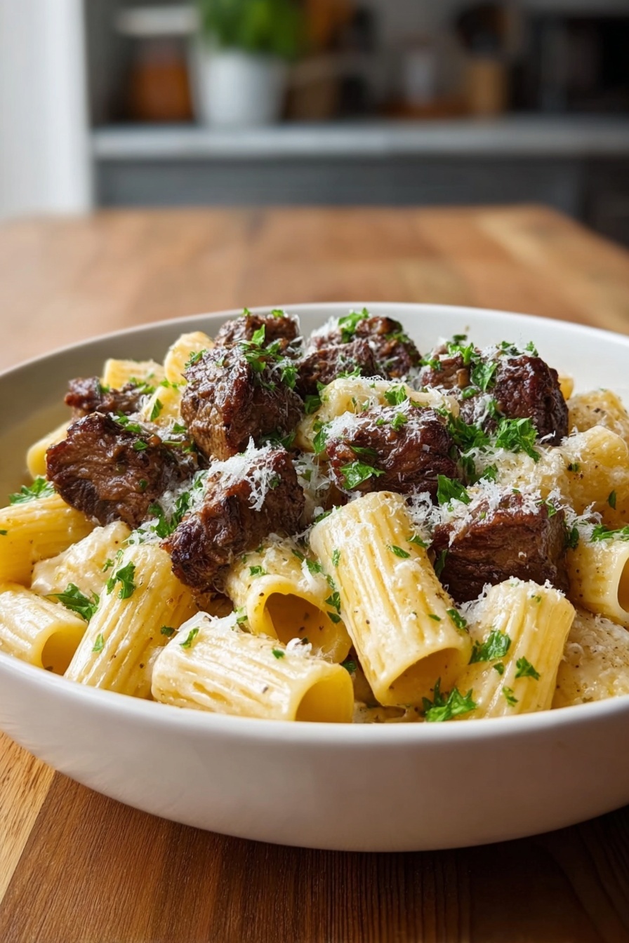 A white bowl filled with three layers of food. The bottom layer is creamy rigatoni pasta with a light yellow color and smooth texture. On top of the pasta, there are browned pieces of beef, roughly shaped and seared with a crispy outer surface and dark brown color. The whole dish is sprinkled with grated cheese that looks white and fine, along with small, bright green parsley leaves scattered evenly for a fresh look. The bowl sits on a wooden table with blurred neutral kitchen background. Photo taken with an iphone --ar 2:3 --v 7 - Cajun Steak Tips with Cheesy Rigatoni, Cajun steak tips, cheesy rigatoni, spicy pasta recipes, hearty pasta dinner