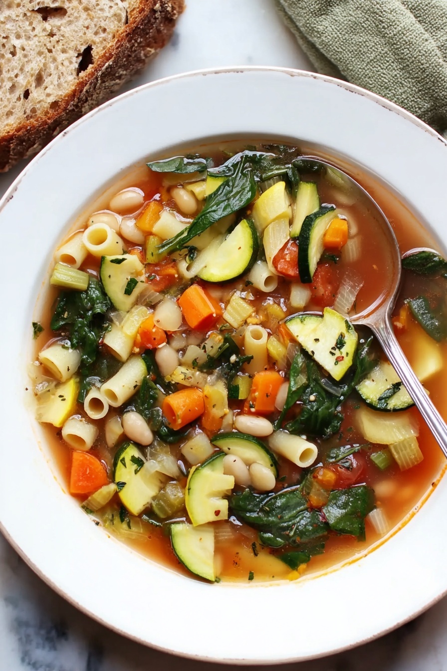A white shallow bowl filled with a colorful vegetable soup, showing clear broth with small pasta tubes scattered throughout. The soup has layers of bright orange carrot chunks, light green and yellow zucchini slices, small white beans, and dark green spinach leaves floating on top. A silver spoon rests in the bowl's right side, partially submerged in the soup. To the left, a piece of bread with a rough texture sits on a white marbled surface. The overall look is fresh and warm. photo taken with an iphone --ar 2:3 --v 7 - Hearty Minestrone Soup with Fresh Vegetables, vegetable soup, healthy minestrone recipe, Italian vegetable soup, comforting vegetable stew