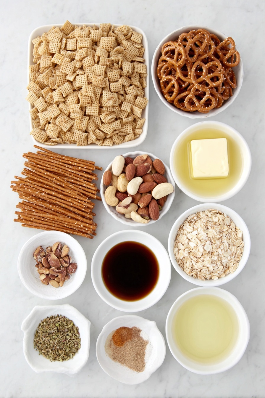 Flat lay of rice Chex cereal, corn Chex cereal, wheat Chex cereal, a small pile of mini pretzel twists, a small pile of mini pretzel rods, a small handful of mini bread sticks, a cluster of whole almonds, whole cashews, and pistachios, a small stack of rye bagel chips, a small white ceramic bowl of melted butter, a small white ceramic bowl of honey, a small white ceramic bowl of Worcestershire sauce, a small white ceramic bowl each containing onion powder, garlic powder, salt, cayenne pepper, and chili powder, all arranged in perfect symmetry on a clean white marble surface, soft natural light, photo taken with an iPhone, professional food photography style, fresh ingredients, white ceramic bowls, no bottles, no duplicates, no utensils, no packaging --ar 2:3 --v 7 --p m7354615311229779997 - Sweet and Spicy Chex Mix, Chex Mix recipe, spicy snack mix, crunchy sweet and spicy snack, homemade Chex Mix