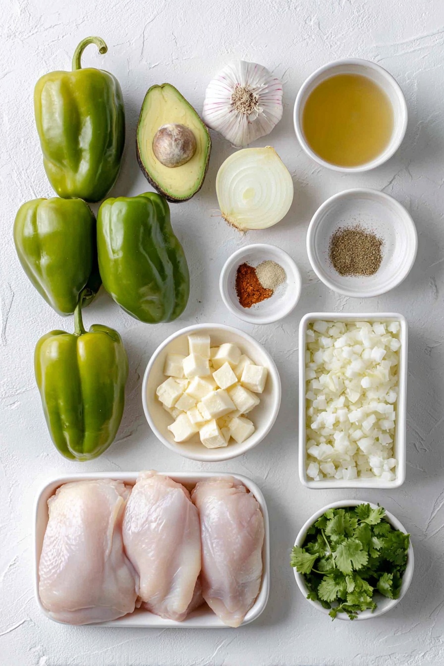 Flat lay of two fresh poblano peppers, two bright Anaheim peppers, six peeled green tomatillos, one thinly sliced yellow onion, two whole cloves of garlic with skin on, a small white ceramic bowl of vegetable oil, a small white ceramic bowl of golden chicken broth, two raw boneless skinless chicken breasts, a small white ceramic bowl of ground cumin, a small white ceramic bowl of dried oregano, a small white ceramic bowl of chili powder, a small white ceramic bowl of kosher salt, a small white ceramic bowl of drained and rinsed hominy, one whole lime, three sprigs of fresh cilantro, one ripe avocado cut into cubes, three thinly sliced radishes all arranged with perfect symmetry on a clean white marble surface, soft natural light, photo taken with an iPhone, professional food photography style, fresh ingredients, white ceramic bowls, no bottles, no duplicates, no utensils, no packaging --ar 2:3 --v 7 --p m7354615311229779997 - Slow Cooker Chicken Posole Verde, Chicken Posole Verde recipe, Mexican green chicken soup, easy slow cooker Mexican dishes, healthy chicken stew