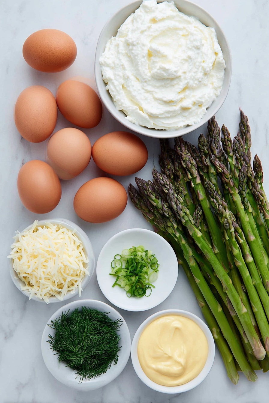 Flat lay of fresh baby asparagus spears arranged neatly, eight whole brown eggs with clean uncracked shells, a small white ceramic bowl holding creamy whole milk ricotta, another small white bowl containing whole milk, a small white bowl filled with finely grated Parmesan cheese, a small white bowl with thinly sliced bright green chives, a small white bowl with chopped fresh dill, and a small white bowl with smooth Dijon mustard placed symmetrically, all placed on a clean white marble surface, soft natural light, photo taken with an iPhone, professional food photography style, fresh ingredients, white ceramic bowls, no bottles, no duplicates, no utensils, no packaging --ar 2:3 --v 7 --p m7354615311229779997 - Asparagus Frittata with Ricotta, asparagus frittata, ricotta egg bake, spring brunch recipes, easy savory breakfast