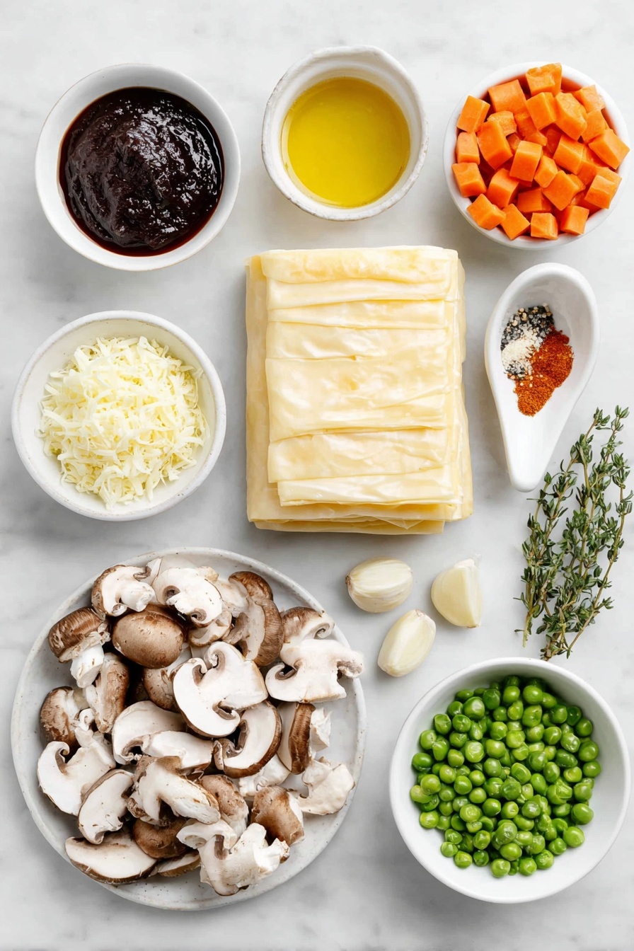 Flat lay of a single sheet of thawed puff pastry neatly folded on a simple white ceramic plate, a small white bowl filled with golden olive oil, a yellow onion finely diced on a white ceramic dish, fresh quartered cremini mushrooms arranged next to roughly chopped oyster mushrooms on a plain white ceramic platter, a small pile of diced bright orange carrots on a separate white dish, a dollop of deep red tomato paste on a white spoon-shaped ceramic dish, several peeled cloves of garlic scattered on a small white ceramic plate, fresh green thyme sprigs carefully placed beside a white bowl with a fine dusting of paprika powder, a small white bowl containing freshly ground black pepper, a few small gold potatoes diced on a white flat dish, a small white bowl of soaked raw cashews, a white ceramic bowl filled with clear vegetable broth, a small white bowl of frozen bright green peas, and a white ramekin of creamy non-dairy milk arranged in perfect symmetry, all ingredients fresh and natural, placed on a clean white marble surface, soft natural light, photo taken with an iPhone, professional food photography style, fresh ingredients, white ceramic bowls, no bottles, no duplicates, no utensils, no packaging --ar 2:3 --v 7 --p m7354615311229779997 - Mushroom Pot Pie with Puff Pastry, savory mushroom pot pie, easy vegetarian pot pie, flaky puff pastry pie, comforting mushroom dish