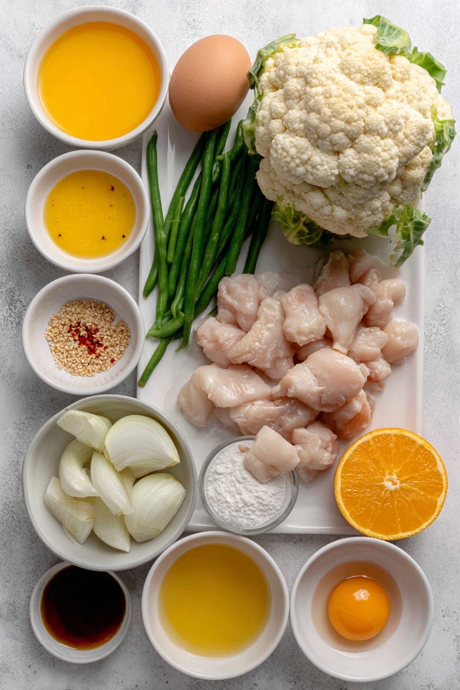 Flat lay of a fresh whole head of cauliflower with separated florets, a small pile of raw bite-sized chicken breast pieces, a halved white onion with chunks visible, three whole garlic cloves, one large red bell pepper sliced into thin strips, fresh green beans trimmed and cut, a small handful of raw cashews, one whole clean uncracked brown egg, a thinly sliced large orange with visible zest, a few fresh green onion stalks, a small mound of toasted sesame seeds, small white ceramic bowls containing golden coconut oil, bright orange freshly squeezed orange juice, amber honey, dark gluten-free soy sauce, finely grated fresh ginger, white cornstarch powder, and red pepper flakes, all arranged symmetrically on a clean white ceramic plate and white ceramic bowls, placed on a clean white marble surface, soft natural light, photo taken with an iPhone, professional food photography style, fresh ingredients, white ceramic bowls, no bottles, no duplicates, no utensils, no packaging --ar 2:3 --v 7 --p m7354615311229779997 - Healthy Orange Chicken Stir Fry, healthy orange chicken recipe, nutritious chicken stir fry, easy vegetable stir fry, citrus chicken dinner