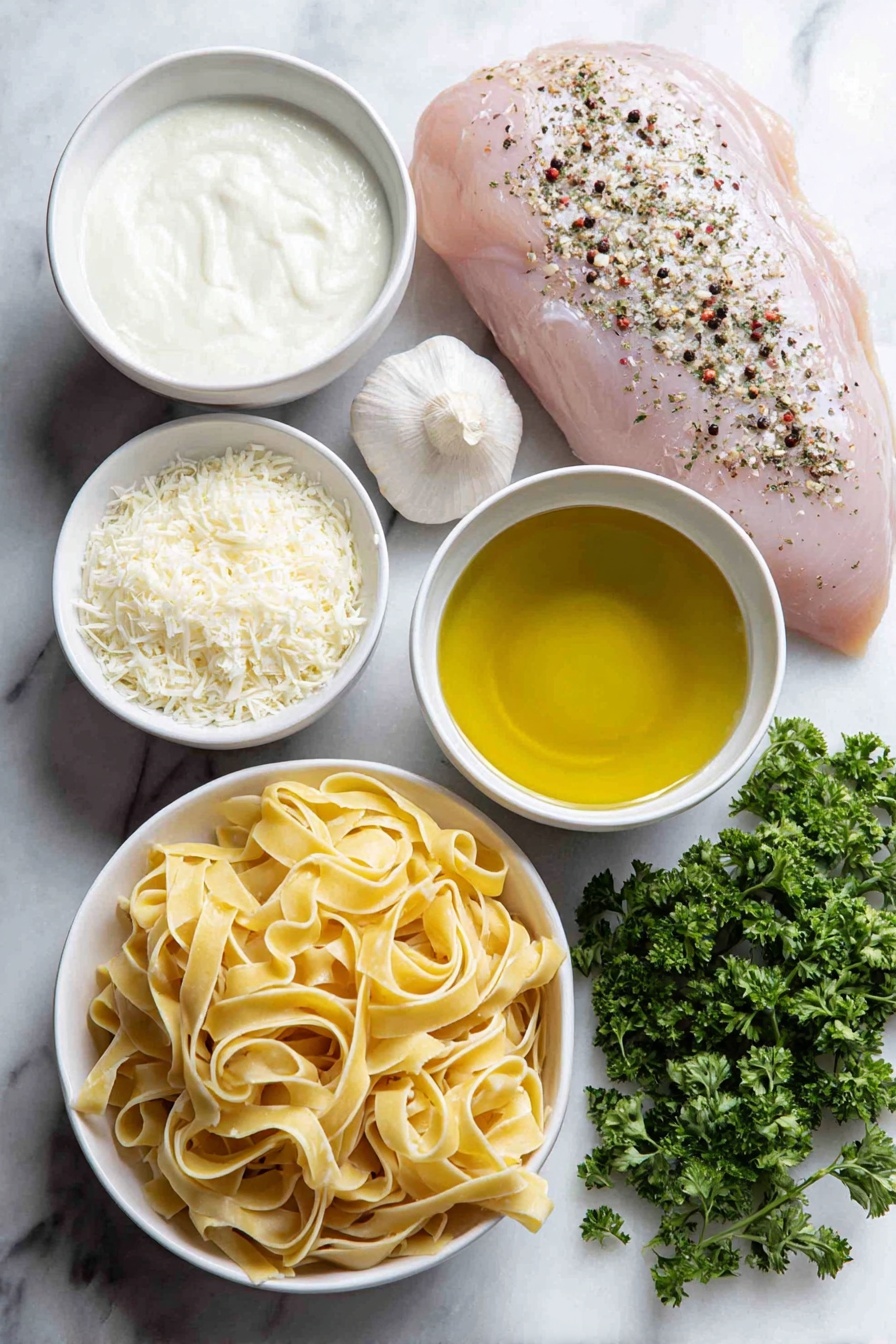 Flat lay of a freshly sliced raw chicken breast with a light sprinkle of salt and pepper, a small pool of golden olive oil in a simple white ceramic bowl, uncooked fettuccine pasta neatly arranged, a small white bowl filled with creamy milk, another white bowl containing clear chicken stock, a peeled large garlic clove finely minced beside it, a small white bowl of thick heavy cream, a small white bowl heaped with freshly grated Parmesan cheese, and a few vibrant green sprigs of parsley, all placed on a clean white marble surface, soft natural light, photo taken with an iPhone, professional food photography style, fresh ingredients, white ceramic bowls, no bottles, no duplicates, no utensils, no packaging --ar 2:3 --v 7 --p m7354615311229779997 - One Pot Chicken Alfredo Pasta, creamy chicken pasta, easy Alfredo recipe, quick chicken pasta dinner, one pot creamy pasta