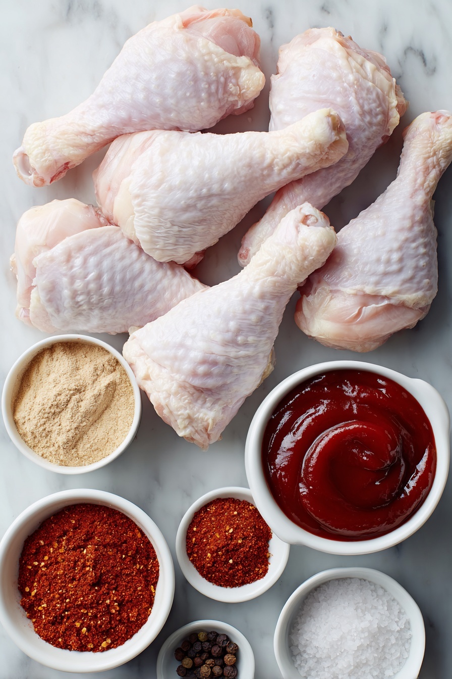 Flat lay of raw chicken drumsticks with smooth, pale skin arranged neatly, a small white ceramic bowl of vibrant deep red BBQ sauce, a small white bowl filled with fine orange-red smoked paprika powder, another small bowl containing light brown garlic powder, a small white bowl with pale beige onion powder, a small bowl of rich reddish-brown chili powder, a small bowl holding pale tan ground ginger, a small white bowl with coarse white salt crystals, a small bowl with whole black peppercorns, all placed symmetrically on a clean white marble surface, soft natural light, photo taken with an iPhone, professional food photography style, fresh ingredients, white ceramic bowls, no bottles, no duplicates, no utensils, no packaging --ar 2:3 --v 7 --p m7354615311229779997 - Oven Baked BBQ Chicken Drumsticks, baked chicken drumsticks, BBQ chicken recipe, easy oven chicken, smoky chicken dinner