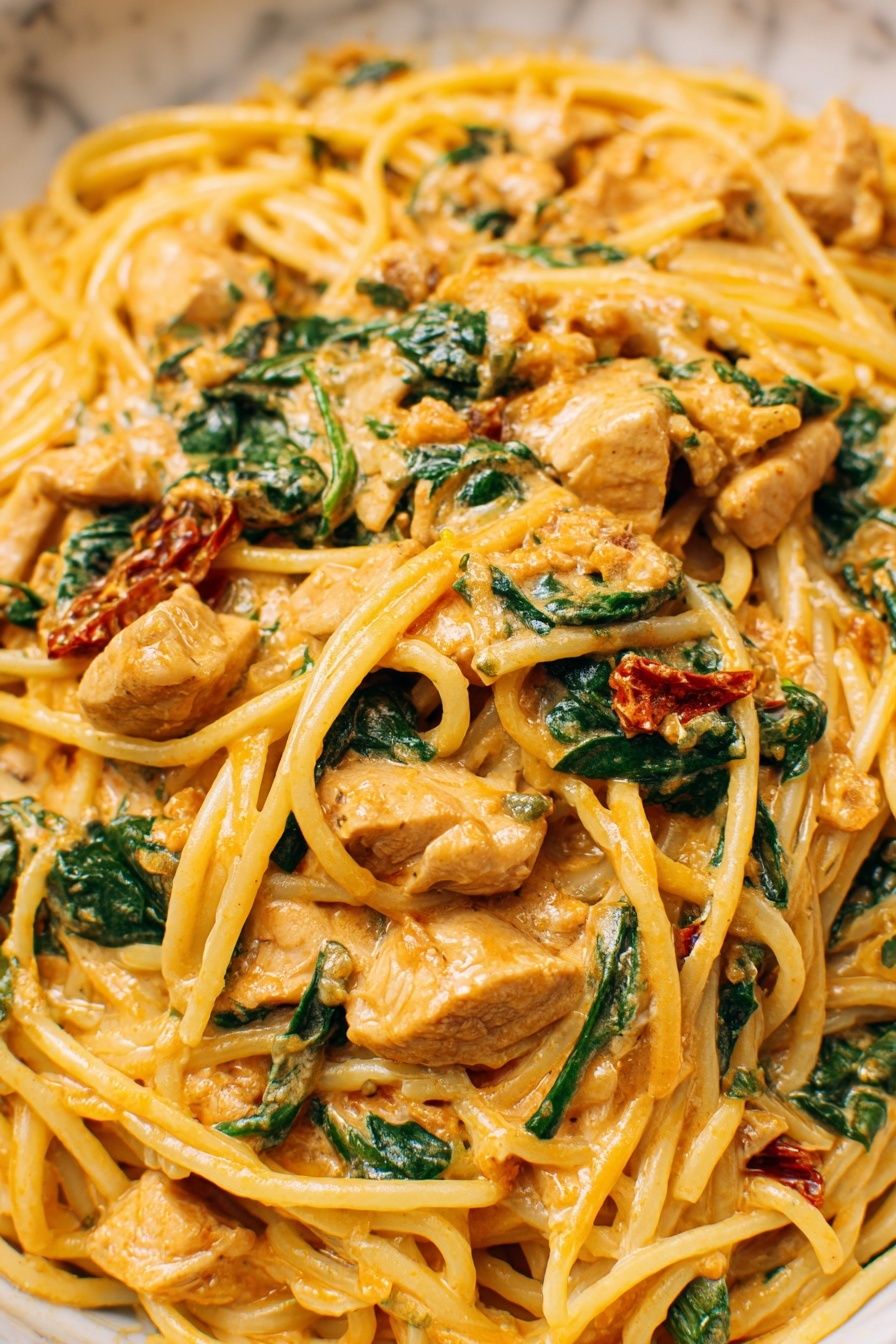 The image shows a close-up of creamy pasta with three main layers. The bottom layer is long, thin spaghetti noodles in a light golden yellow color, twisted and piled together. The middle layer consists of cooked chicken pieces that are light beige with some browning, mixed evenly with the pasta. The top layer is a creamy orange sauce coating everything, with visible small green spinach leaves and tiny pieces of red sun-dried tomatoes scattered throughout, adding bursts of green and red color. The texture looks smooth and slightly thick, covering all the pasta and chicken pieces on a white marbled surface. photo taken with an iphone --ar 2:3 --v 7 - Creamy Tuscan Chicken Pasta, chicken pasta recipes, easy creamy chicken dinner, weeknight pasta ideas, sun-dried tomato chicken