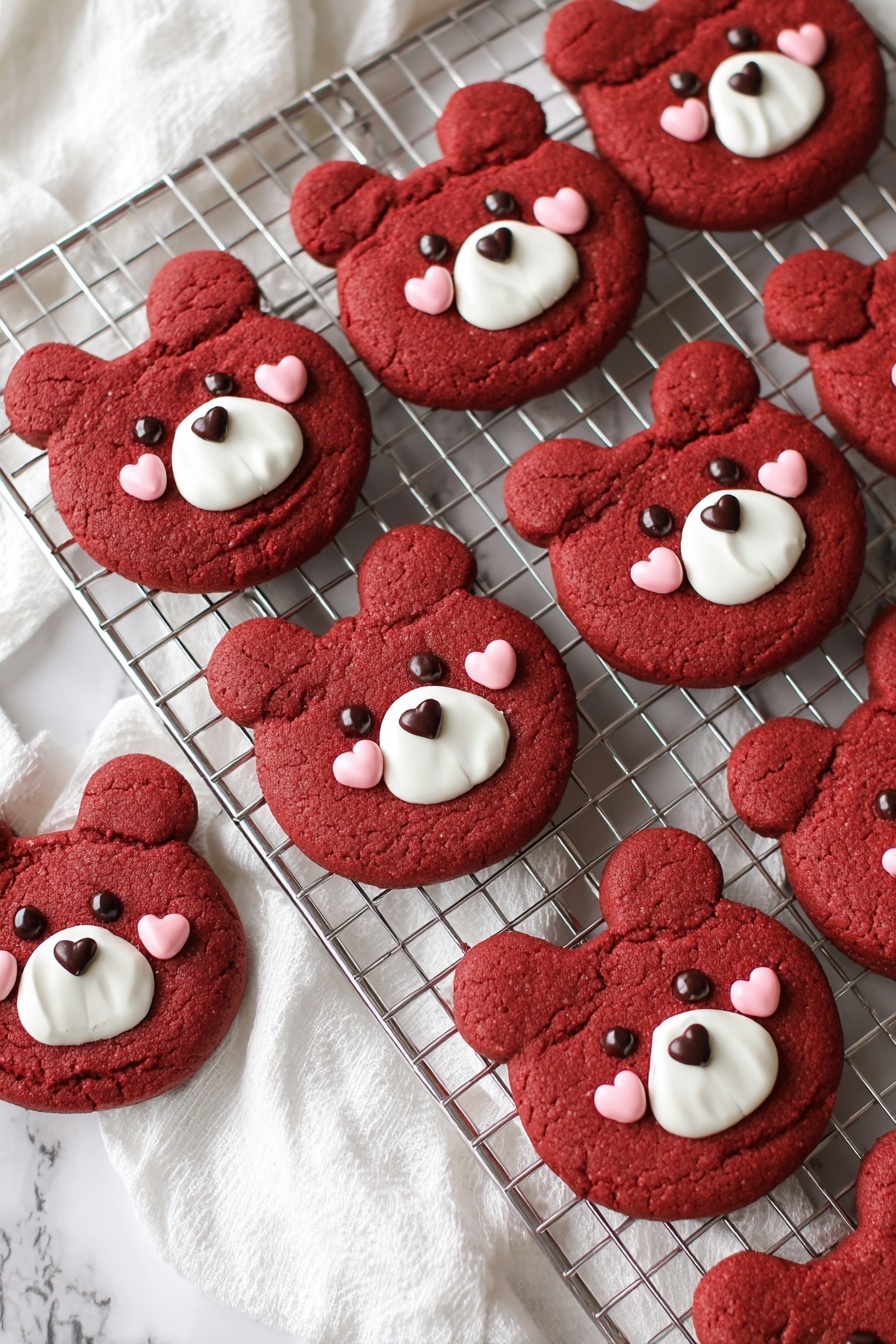 The image shows several red bear-shaped cookies laid out on a silver cooling rack and a white marbled surface with a soft white cloth nearby. Each cookie has two smaller rounded ears attached to a larger circular face, all in a deep red color with a slightly cracked texture. The bears' faces are decorated with white icing forming a rounded muzzle and two round ears, small dark chocolate dots as eyes and nose, and small pink heart shapes for cheeks. The cookies have a soft, slightly puffy look with a matte finish. Photo taken with an iphone --ar 2:3 --v 7 - Red Velvet Bear Cookies, adorable stuffed cookies, homemade red velvet cookies, cute bear-shaped cookies, easy cookie recipes