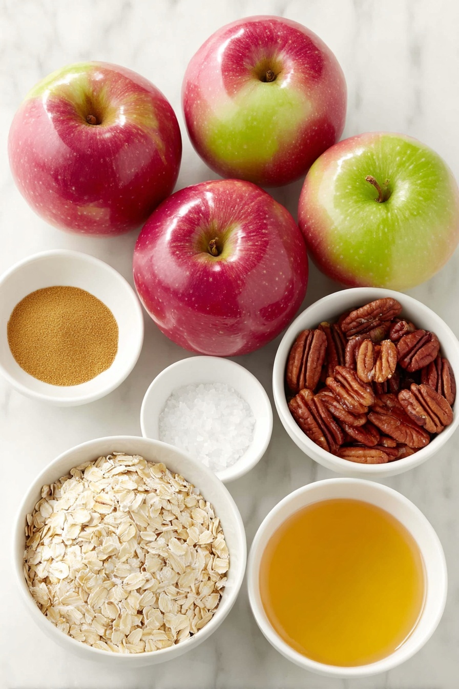 Flat lay of six whole sweet apples with shiny red and green skins, a small white bowl of golden cinnamon powder, a tiny white bowl with a pinch of salt crystals, a small white bowl containing melted golden coconut oil, a small white bowl filled with rolled oats, a small white bowl holding whole pecans with deep brown shells, a small white bowl with glossy amber honey, placed on a clean white marble surface, soft natural light, photo taken with an iPhone, professional food photography style, fresh ingredients, white ceramic bowls, no bottles, no duplicates, no utensils, no packaging --ar 2:3 --v 7 --p m7354615311229779997 - Healthy Apple Crumble Breakfast, healthy breakfast ideas, nutritious apple dessert, easy wholesome breakfast, cozy morning recipes