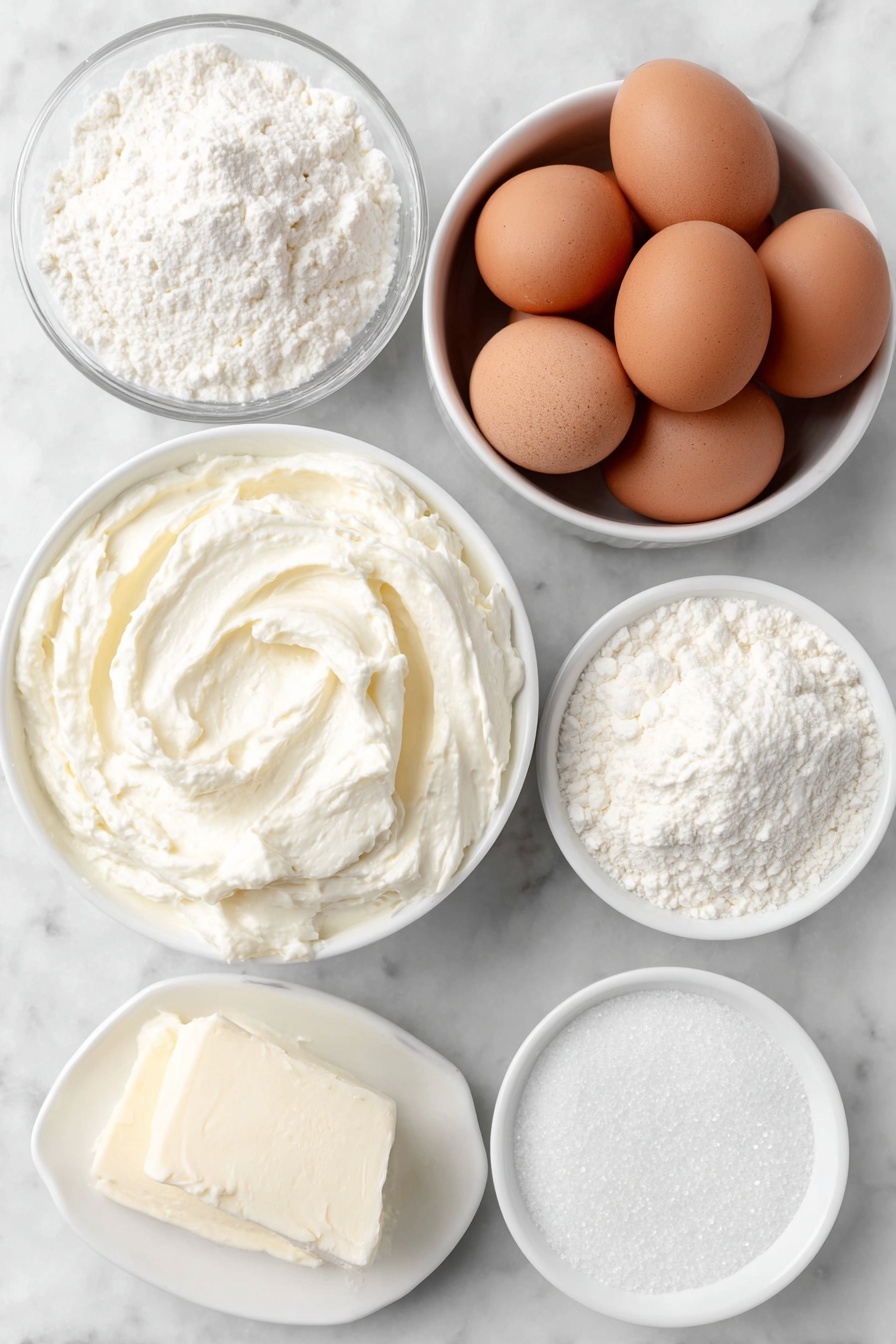 Flat lay of fresh cream in a small white ceramic bowl, whole brown eggs with clean shells arranged neatly, a small white ceramic bowl filled with white granulated sugar, a small white ceramic bowl containing golden translucent corn syrup, a small white ceramic bowl holding fine white corn starch powder, and a pinch of salt sprinkled on a white ceramic dish, all ingredients fresh and natural, perfectly balanced and symmetrical, placed on a clean white marble surface, soft natural light, photo taken with an iPhone, professional food photography style, fresh ingredients, white ceramic bowls, no bottles, no duplicates, no utensils, no packaging --ar 2:3 --v 7 --p m7354615311229779997 - Homemade Sweet Cream Ice Cream, vanilla ice cream recipe, easy ice cream recipe, creamy homemade ice cream, no-churn ice cream