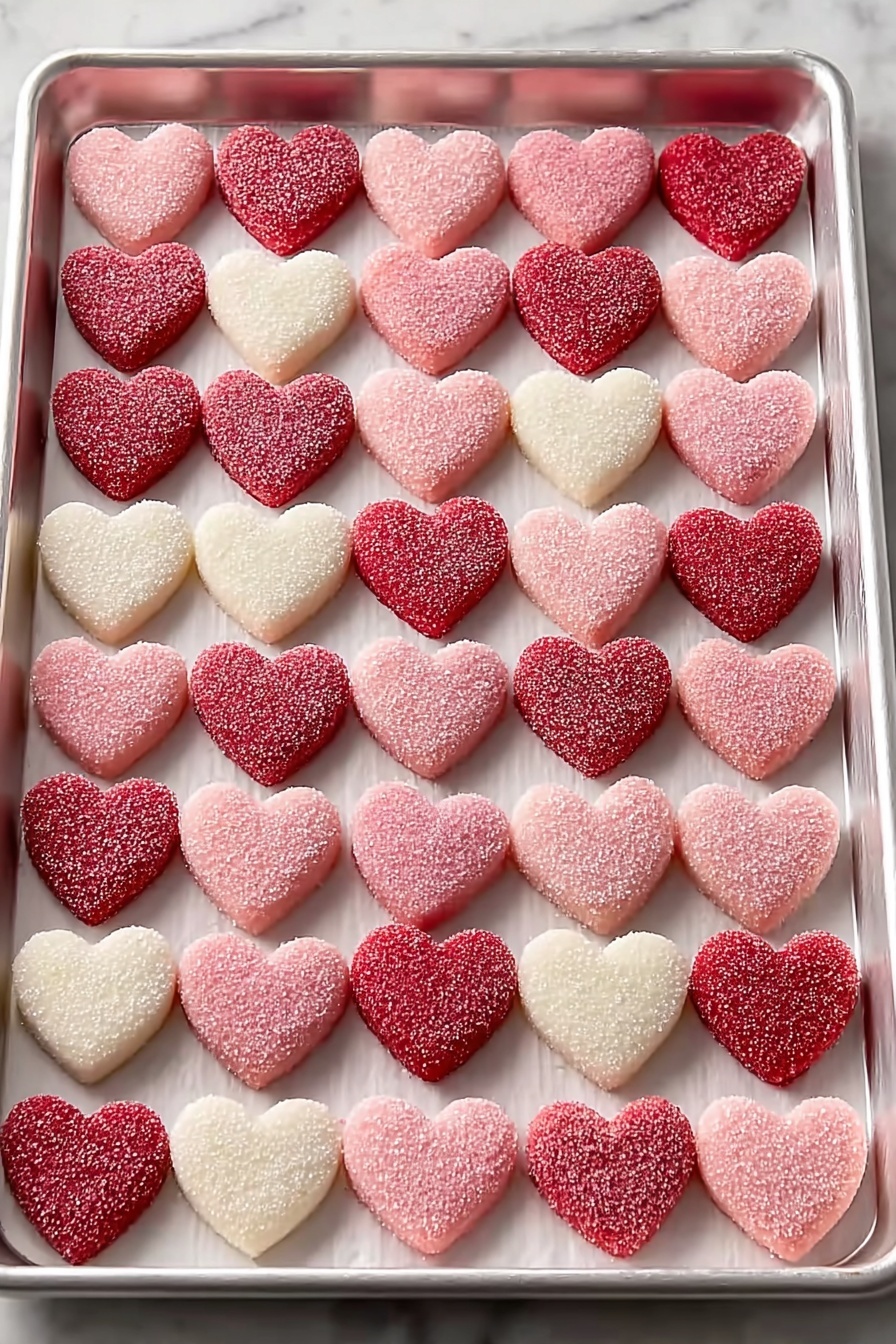 The image shows a white square dish full of heart-shaped candies in three colors: red, light pink, and white. Each candy has a slightly grainy sugar texture on the outside, making them look sparkly. The candies are stacked and scattered on the dish, with some overlapping each other. The background is a white marbled surface with a red cloth featuring white polka dots blurred behind the dish. photo taken with an iphone --ar 2:3 --v 7 - Valentine's Cream Cheese Mints, homemade cream cheese mints, easy Valentine treats, pastel mint candies, festive homemade candies