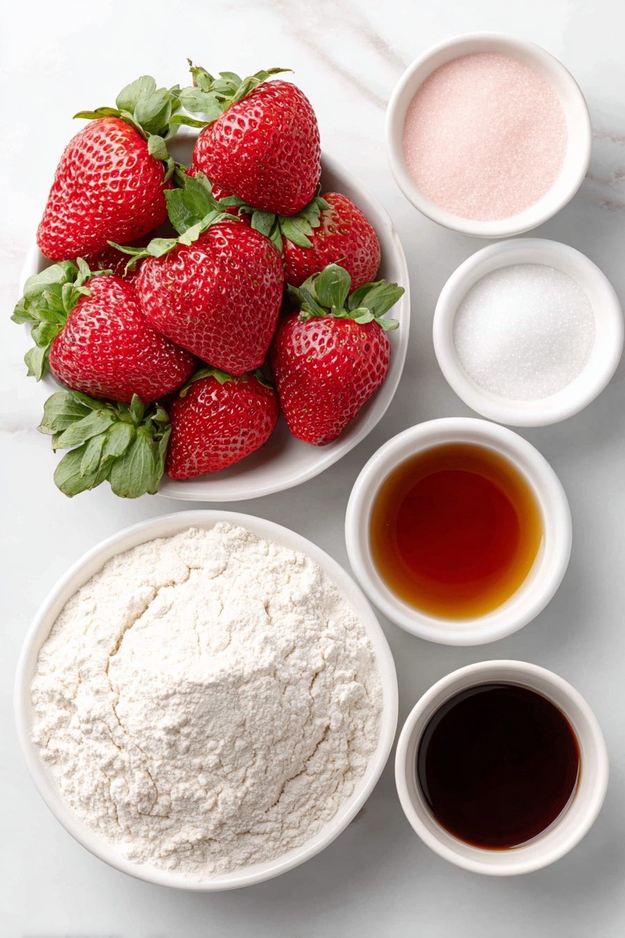 Flat lay of fresh whole strawberries with green leaves, a small mound of plain all-purpose flour on a white ceramic plate, a small white ceramic bowl filled with granulated sugar, a small white ceramic bowl containing light neutral oil, a small white ceramic bowl with dairy-free milk, a small white ceramic bowl holding apple cider vinegar, a small white ceramic bowl with vanilla extract, a small white ceramic bowl with pink gel food coloring, a pinch of fine salt on the white surface, a small heap of baking powder on the white surface, placed on a clean white marble surface, soft natural light, photo taken with an iPhone, professional food photography style, fresh ingredients, white ceramic bowls, no bottles, no duplicates, no utensils, no packaging --ar 2:3 --v 7 --p m7354615311229779997 - Vegan Strawberry Cake, vegan strawberry dessert, plant-based strawberry cake, healthy vegan cake, fresh strawberry dessert