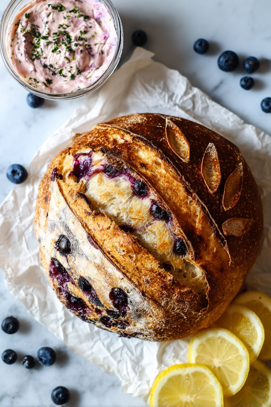 The image shows two slices of bread with a golden-brown crust and a soft inside filled with layers of purple-blue blueberries swirling through the dough. The bread has a light beige color with small air holes throughout. The blueberries create a vivid purple pattern that contrasts with the bread. The slices are placed on a crinkled white paper with a few loose blueberries scattered around. There are two lemon halves and two lemon slices nearby, adding a bright yellow color to the scene. The background is a white marbled texture. photo taken with an iphone --ar 2:3 --v 7 - Blueberry Lemon Sourdough Bread, sourdough bread with blueberries and lemon, easy sourdough bread recipes, homemade blueberry lemon bread, healthy sourdough baking