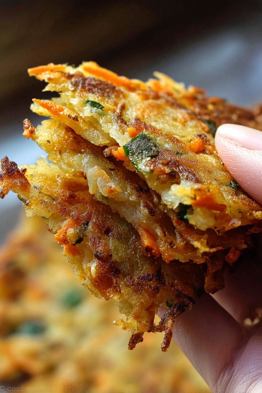 A close-up photo shows a woman's hand holding a golden-brown crispy vegetable pancake with small orange carrot pieces and green herbs visible in the thin fried layers. The pancake has a rough, crunchy texture with some browned and slightly darker spots, and the background is blurred with warm tones. Photo taken with an iphone --ar 2:3 --v 7 - Cabbage Fritters, cabbage fritters recipe, crispy cabbage fritters, healthy cabbage fritters, vegetarian cabbage fritters