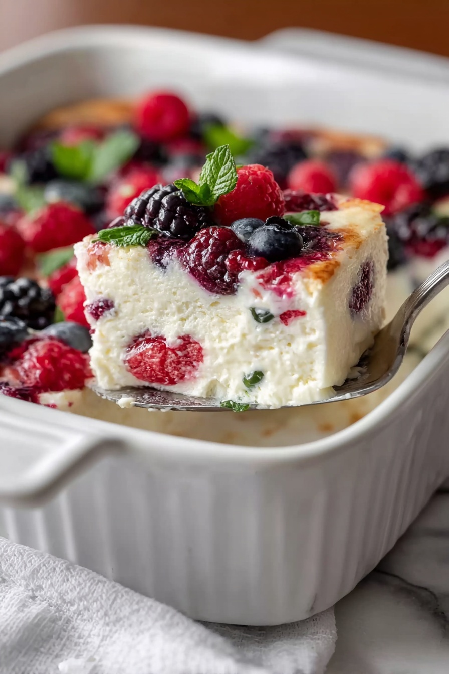 A white square baking dish holds a soft, creamy cheesecake with three visible layers: a thick white base that looks smooth and fluffy, a middle layer with embedded red raspberries and green mint leaves, and a top layer decorated with whole blackberries, blueberries, raspberries, and small mint leaves, creating a colorful and textured surface. A silver spatula lifts a square piece from the dish, showing the inside filled with the same berries and creamy texture. The background is a white marbled surface with a white cloth partially visible on the side. Photo taken with an iphone --ar 2:3 --v 7 - High Protein Berry Bake, healthy berry bake, high protein breakfast, protein-packed berry dessert, nutritious berry breakfast