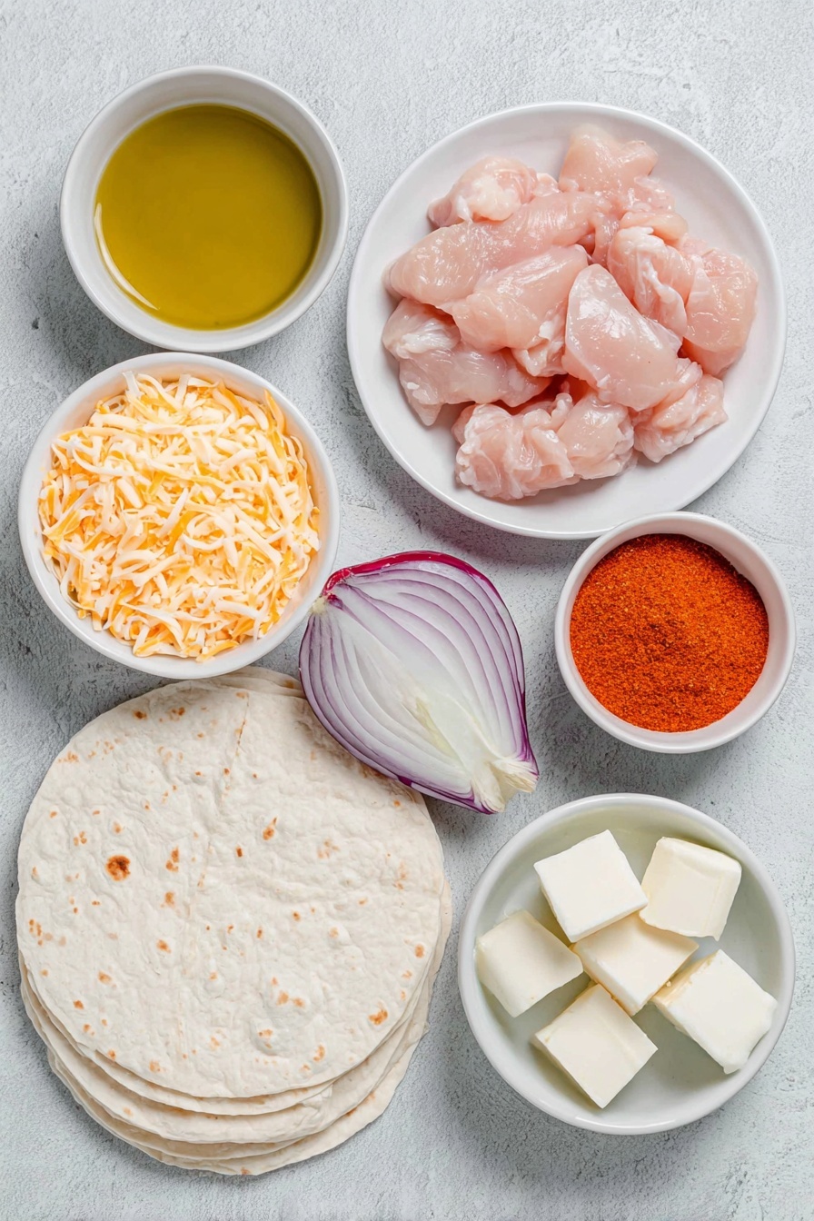Flat lay of a small white ceramic bowl of golden cooking oil, a simple white plate with raw chicken breast pieces, a neat pile of bright orange-red taco seasoning powder on a small white bowl, half a large fresh red bell pepper diced, half a yellow onion diced with vibrant white and purple layers visible, a small white bowl holding creamy unsalted butter cubes, six soft white flour tortillas stacked evenly, and a small white ceramic bowl filled with shredded yellow and white Mexican cheese blend, placed on a clean white marble surface, soft natural light, photo taken with an iPhone, professional food photography style, fresh ingredients, white ceramic bowls, no bottles, no duplicates, no utensils, no packaging --ar 2:3 --v 7 --p m7354615311229779997 - Easy Chicken Quesadillas, Chicken Quesadillas, Quick Dinner Ideas, Cheese and Chicken Quesadillas, Family-Friendly Quesadillas