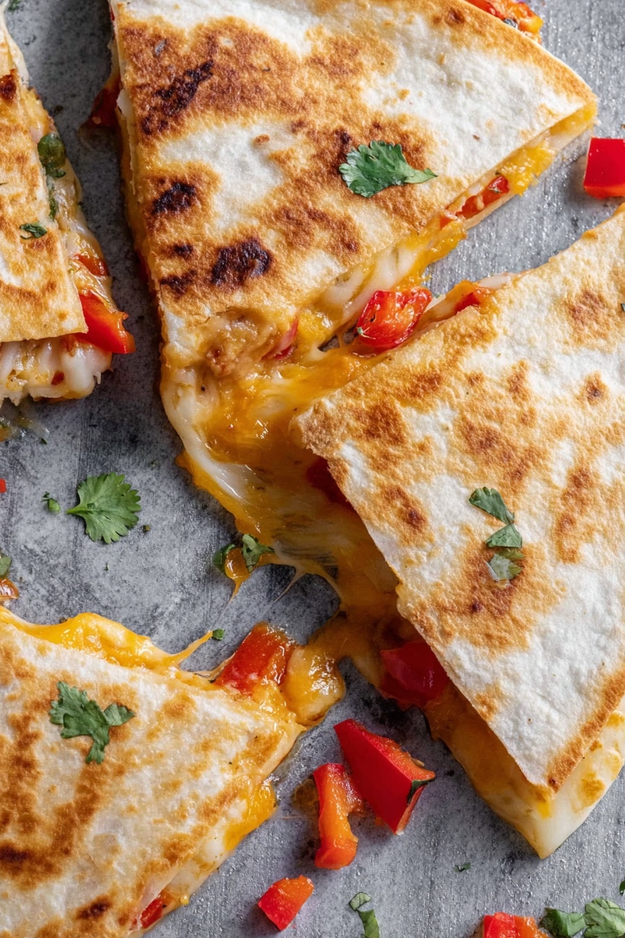 A close-up view of three triangular quesadillas sitting on a gray surface with melted orange-yellow cheese stretching between one open slice and the rest. The quesadillas have a golden-brown toasted tortilla layer on top, showing uneven char spots. Inside, you can see melted cheese with some red pieces of bell pepper, creating a melted, soft layer under the tortilla. Small green cilantro leaves and diced red bell peppers are scattered around the quesadillas on the surface. The scene feels warm and freshly cooked, with textures of toasted bread and gooey cheese. photo taken with an iphone --ar 2:3 --v 7 - Easy Chicken Quesadillas, Chicken Quesadillas, Quick Dinner Ideas, Cheese and Chicken Quesadillas, Family-Friendly Quesadillas