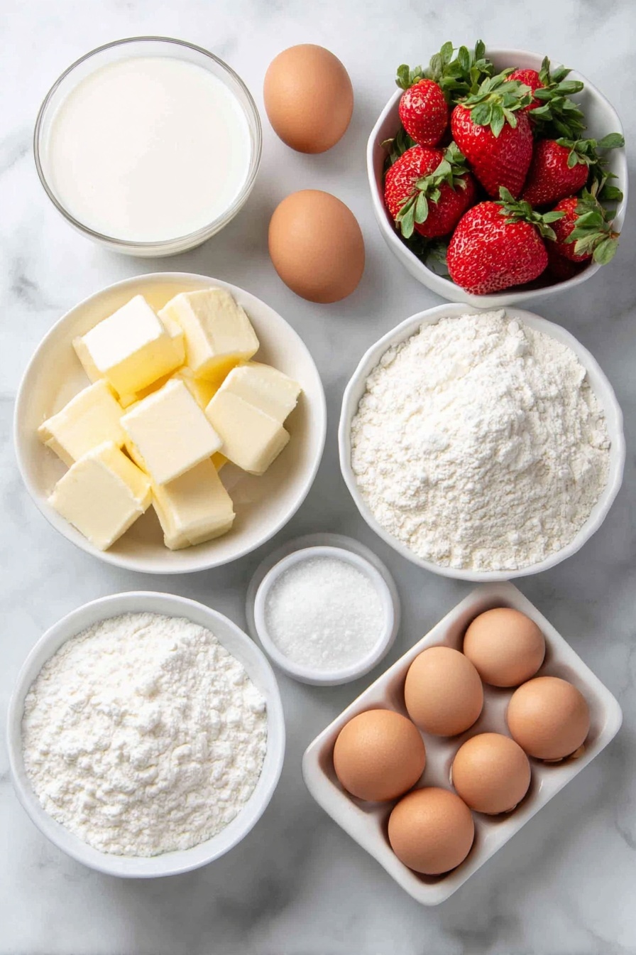 Flat lay of fresh whole milk in a small white ceramic bowl, a small white ceramic bowl of unsalted butter chunks, a small white ceramic bowl filled with cake flour, four whole uncracked brown eggs, a small white ceramic bowl of granulated sugar, a cluster of fresh whole strawberries with green leaves, a small white ceramic bowl with confectioners sugar, a small white ceramic bowl of gelatin powder, a small white ceramic bowl of cold water, a small white ceramic bowl of hot water, all arranged in perfect symmetry on a clean white marble surface, soft natural light, photo taken with an iPhone, professional food photography style, fresh ingredients, white ceramic bowls, no bottles, no duplicates, no utensils, no packaging --ar 2:3 --v 7 --p m7354615311229779997 - Japanese Strawberry Cake, Easy Japanese Strawberry Cake, Fluffy Strawberry Cake, Japanese Fruit Cakes, Strawberry Layer Cake