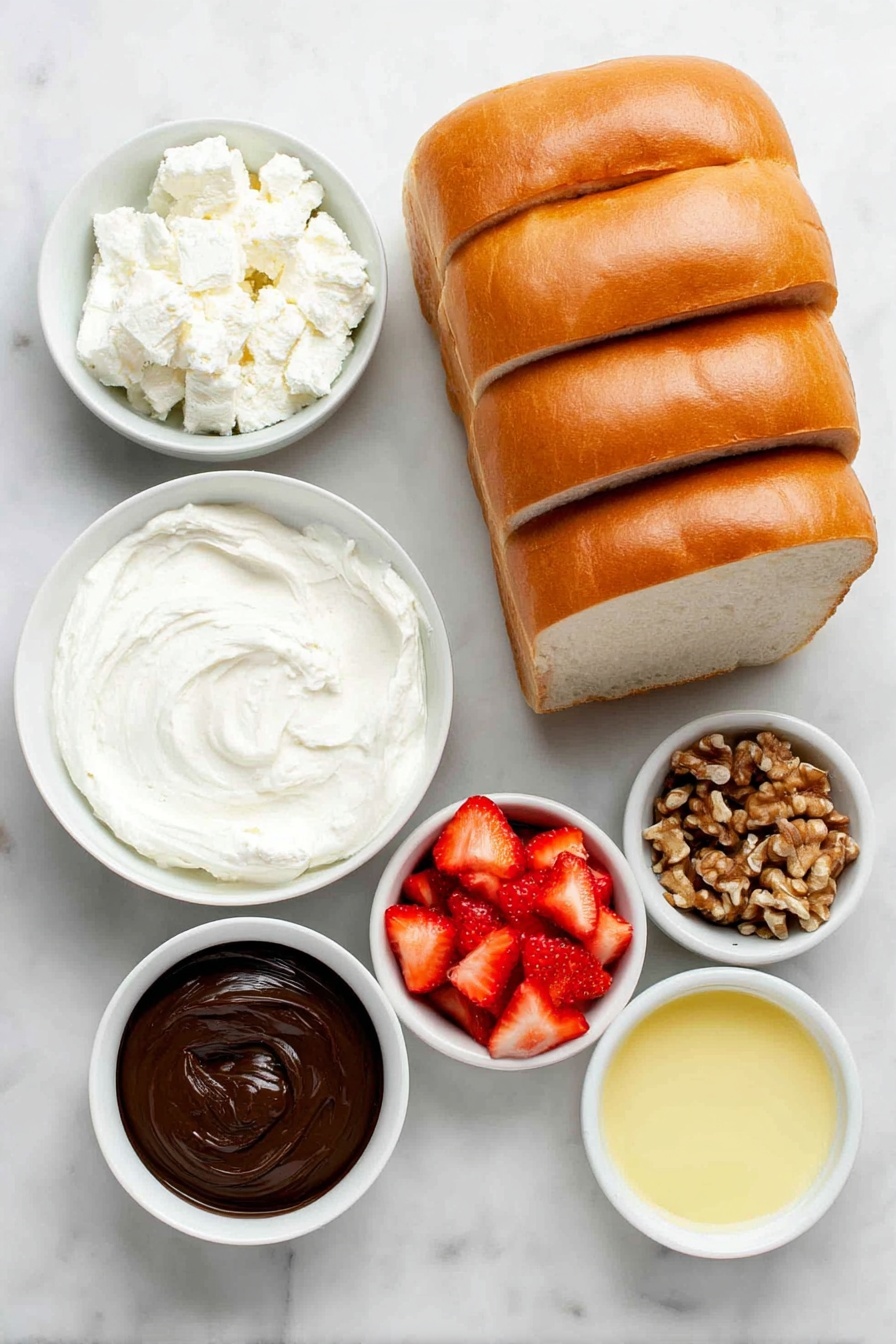 Flat lay of  four thick sourdough bread slices with golden crust, a small pile of diced bright red strawberries, a small white bowl filled with creamy white cream cheese, a small white bowl of glossy dark brown Nutella spread, a small white bowl containing golden toasted walnut pieces, and a small white bowl with melted golden butter, all arranged with perfect symmetry on a clean white marble surface, soft natural light, photo taken with an iPhone, professional food photography style, fresh ingredients, white ceramic bowls, no bottles, no duplicates, no utensils, no packaging --ar 2:3 --v 7 --p m7354615311229779997 - Strawberry Nutella Bruschetta, easy strawberry Nutella appetizer, quick fruit dessert, toasty bruschetta with strawberries, crunchy nutella snack