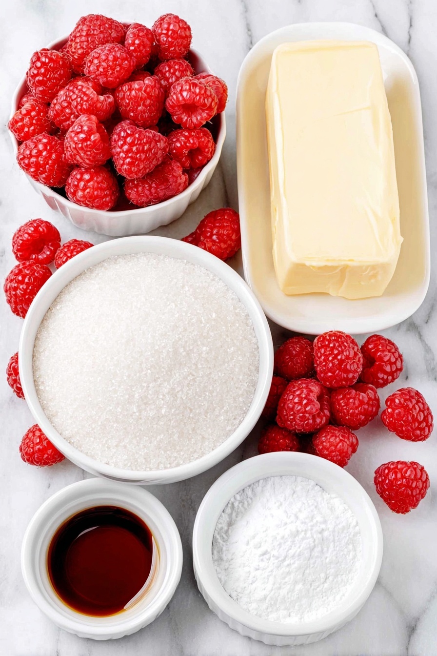 Flat lay of fresh whole raspberries scattered naturally, a small white ceramic bowl filled with granulated sugar, a small white bowl of clear water, a small white bowl with a pale powder of cornstarch, another small white bowl holding clear water for mixing, a smooth pat of salted butter on a white ceramic dish, and a small white bowl containing glossy vanilla extract, all arranged in perfect symmetry and balanced proportions, placed on a clean white marble surface, soft natural light, photo taken with an iPhone, professional food photography style, fresh ingredients, white ceramic bowls, no bottles, no duplicates, no utensils, no packaging --ar 2:3 --v 7 --p m7354615311229779997 - Easy Raspberry Sauce, raspberry sauce recipe, homemade raspberry sauce, versatile fruit sauce, quick dessert toppings