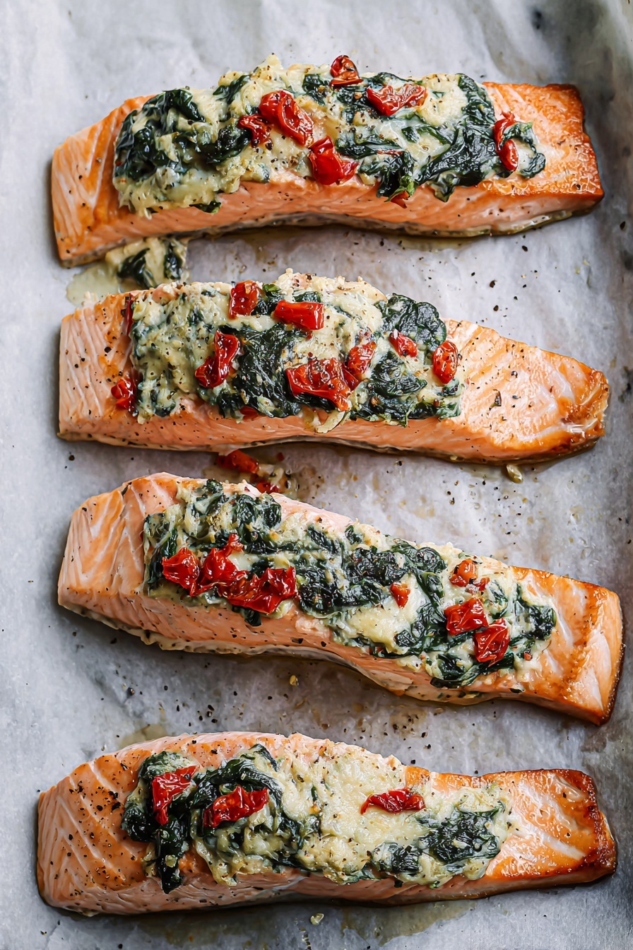 Four cooked salmon fillets lie side by side on a sheet of baking paper over a white marbled surface. Each fillet has a pink-orange base color with light grill marks and a slightly glossy texture. On top of each fillet, there is a layer of creamy white cheese mixed with dark green spinach leaves and small bright red roasted pepper chunks, slightly browned from cooking. The fillets are seasoned with small black pepper specks visible across the flesh. Photo taken with an iphone --ar 2:3 --v 7 - Stuffed Salmon with Spinach and Feta, healthy salmon dinner, quick salmon recipes, elegant salmon main dish, spinach and feta stuffed salmon