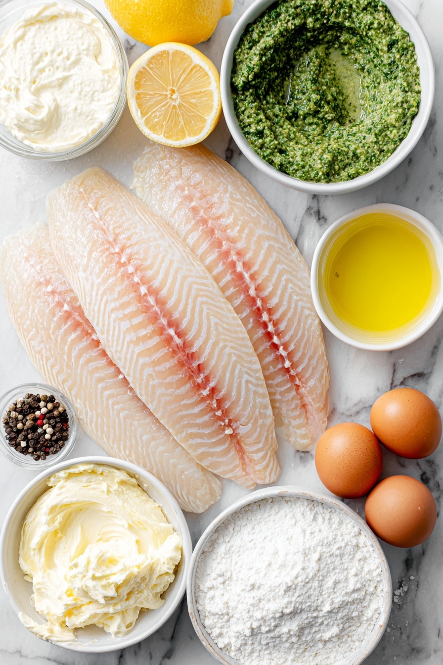 Flat lay of fresh raw tilapia fillets with pale pink flesh, a small drizzle of golden olive oil in a white ceramic bowl, a small white bowl of thick creamy heavy cream, another white bowl filled with vibrant green pesto, a white bowl containing clear low sodium chicken broth, a white bowl with fine white cornstarch powder, a freshly cut lemon half with bright yellow flesh, a few whole uncracked brown eggs, and small piles of coarse sea salt and cracked black peppercorns neatly arranged on a clean white marble surface, soft natural light, photo taken with an iPhone, professional food photography style, fresh ingredients, white ceramic bowls, no bottles, no duplicates, no utensils, no packaging --ar 2:3 --v 7 --p m7354615311229779997 - Tilapia with Pesto Cream Sauce, quick tilapia dinner, healthy seafood recipes, easy fish recipes, flavorful pesto seafood dish