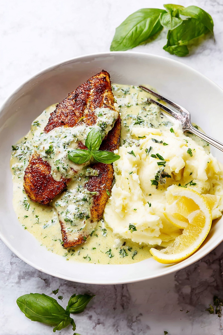 A white bowl holds two main parts: on the left, two browned fish fillets stacked slightly with a crispy texture, covered with a creamy pale green sauce dotted with fresh basil leaves and herbs; on the right, a light mound of mashed white potatoes topped with the same herb sauce and sprinkled with small green herbs. At the bottom right, two lemon wedges rest against the potatoes. The bowl sits on a white marbled surface with a few scattered basil leaves around. A silver fork rests inside the bowl near the lemon wedges. photo taken with an iphone --ar 2:3 --v 7 - Tilapia with Pesto Cream Sauce, quick tilapia dinner, healthy seafood recipes, easy fish recipes, flavorful pesto seafood dish