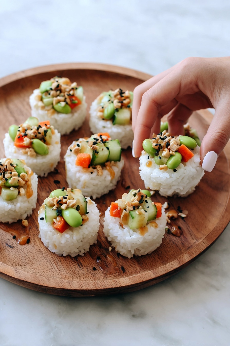 Seven small round cups made of white sticky rice form the base layer and are placed on a round wooden tray. Each rice cup holds a colorful topping made up of green edamame beans, small orange carrot pieces, light green cucumber chunks, and tiny bits of beige nuts, all sprinkled with black sesame seeds. Light brown sauce is drizzled both inside some rice cups and scattered around the tray, adding a glossy texture. A woman's hand with a light nail polish is gently picking up one of the rice cups from the right side of the tray. The background shows a white marbled surface. photo taken with an iphone --ar 2:3 --v 7 - Sushi Cups with Spicy Mayo, sushi cup recipe, edible sushi cups, quick sushi appetizers, spicy mayo sushi