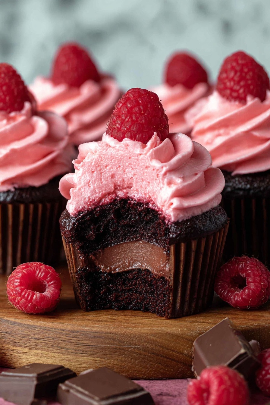 The image shows several dark chocolate cupcakes with three layers. The bottom layer is a moist dark brown chocolate cake. The middle layer is a rich, smooth chocolate filling inside the cupcake. The top layer is thick, swirled pink raspberry frosting that looks creamy and soft. Each cupcake is crowned with one bright red raspberry on top. Around the cupcakes on a wooden board, there are a few loose raspberries and pieces of chocolate. The background is a white marbled texture. photo taken with an iphone --ar 2:3 --v 7 - Chocolate Raspberry Cupcakes, raspberry chocolate cupcakes, decadent cupcake recipes, fruity chocolate dessert, moist raspberry cupcakes
