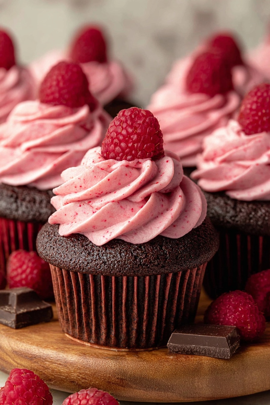 The image shows multiple chocolate cupcakes with one in the center. Each cupcake has two layers: the bottom layer is a dark brown chocolate cake, textured softly with visible ridges on the paper liner, and the top layer is a swirl of pink raspberry frosting with small berry specks. Each frosting swirl is topped with a bright red fresh raspberry. The cupcakes sit on a round wooden board with chocolate pieces and fresh raspberries scattered around. The background is a white marbled texture. photo taken with an iphone --ar 2:3 --v 7 - Chocolate Raspberry Cupcakes, raspberry chocolate cupcakes, decadent cupcake recipes, fruity chocolate dessert, moist raspberry cupcakes