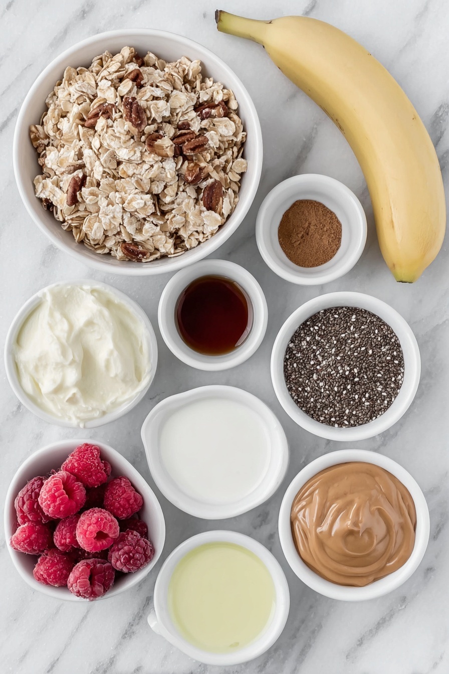 Flat lay of gluten free porridge oats in a small white bowl, a small white bowl of nut milk, a small white bowl with chia seeds, a small white bowl of maple syrup, a small white bowl of ground cinnamon, a whole unpeeled banana, a small white bowl with coconut oil, a handful of fresh raspberries arranged naturally, a small white bowl of pomegranate seeds, a small white bowl with smooth nut butter, a small white bowl of homemade granola all placed with perfect symmetry and realistic proportions on a clean white marble surface, soft natural light, photo taken with an iPhone, professional food photography style, fresh ingredients, white ceramic bowls, no bottles, no duplicates, no utensils, no packaging --ar 2:3 --v 7 --p m7354615311229779997 - Caramelized Banana Oatmeal Delight, caramelized banana oatmeal, healthy banana oatmeal, quick breakfast oatmeal, creamy banana oatmeal