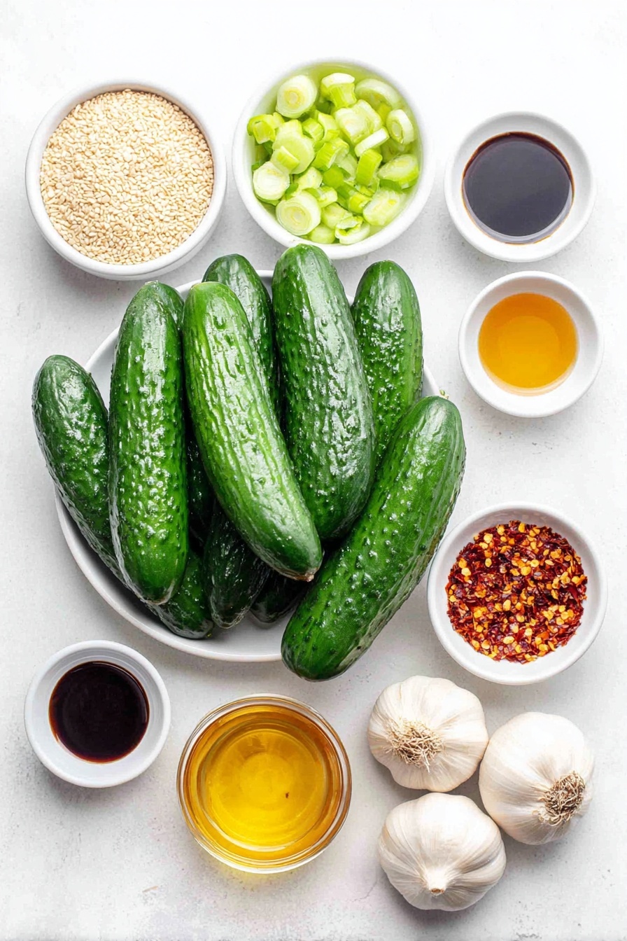 Flat lay of eight fresh mini Persian cucumbers with deep green skin, one bright green onion sliced into thin rings, a small white ceramic bowl of creamy sesame seeds, a small white ceramic bowl of dark soy sauce, a small white ceramic bowl of clear pale rice vinegar, a small white ceramic bowl of golden sesame oil, a small white ceramic bowl of amber honey, two whole uncracked garlic bulbs with white papery skins, and a small white ceramic bowl filled with vibrant red chili flakes, all arranged symmetrically on a clean white marble surface, soft natural light, photo taken with an iPhone, professional food photography style, fresh ingredients, white ceramic bowls, no bottles, no duplicates, no utensils, no packaging --ar 2:3 --v 7 --p m7354615311229779997 - Spicy Cucumber Salad, Spicy Cucumber Salad with Sesame and Garlic, Easy Summer Salad, Refreshing Cucumber Side Dish, Quick Healthy Salad