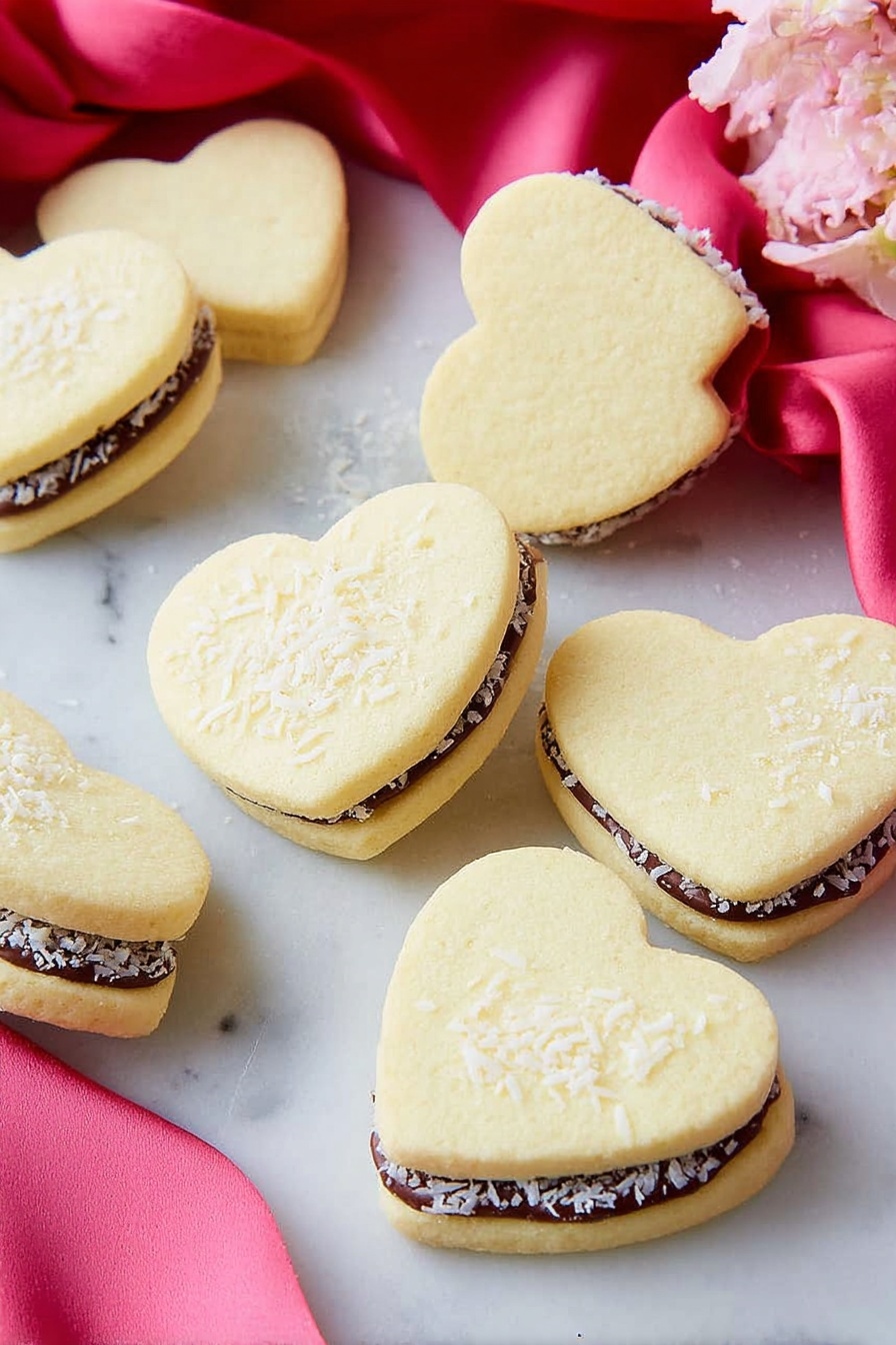 The image shows heart-shaped sandwich cookies on a white marbled surface. Each cookie has two pale yellow, smooth-textured cookie layers with a flat and slightly crumbly look. Inside, there is a middle layer of dark brown filling that appears soft and creamy, edged with small white sprinkles that look like shredded coconut. The cookies are scattered casually, some standing upright showing the side view of the sandwich, while others lie flat. Pink and red silky fabric pieces are draped around the cookies, adding a soft contrast to the white marbled background. photo taken with an iphone --ar 2:3 --v 7 - Heart Sandwich Cookies with Dulce de Leche, heart-shaped alfajores, dulce de leche filled cookies, buttery sandwich cookies, romantic cookie treats